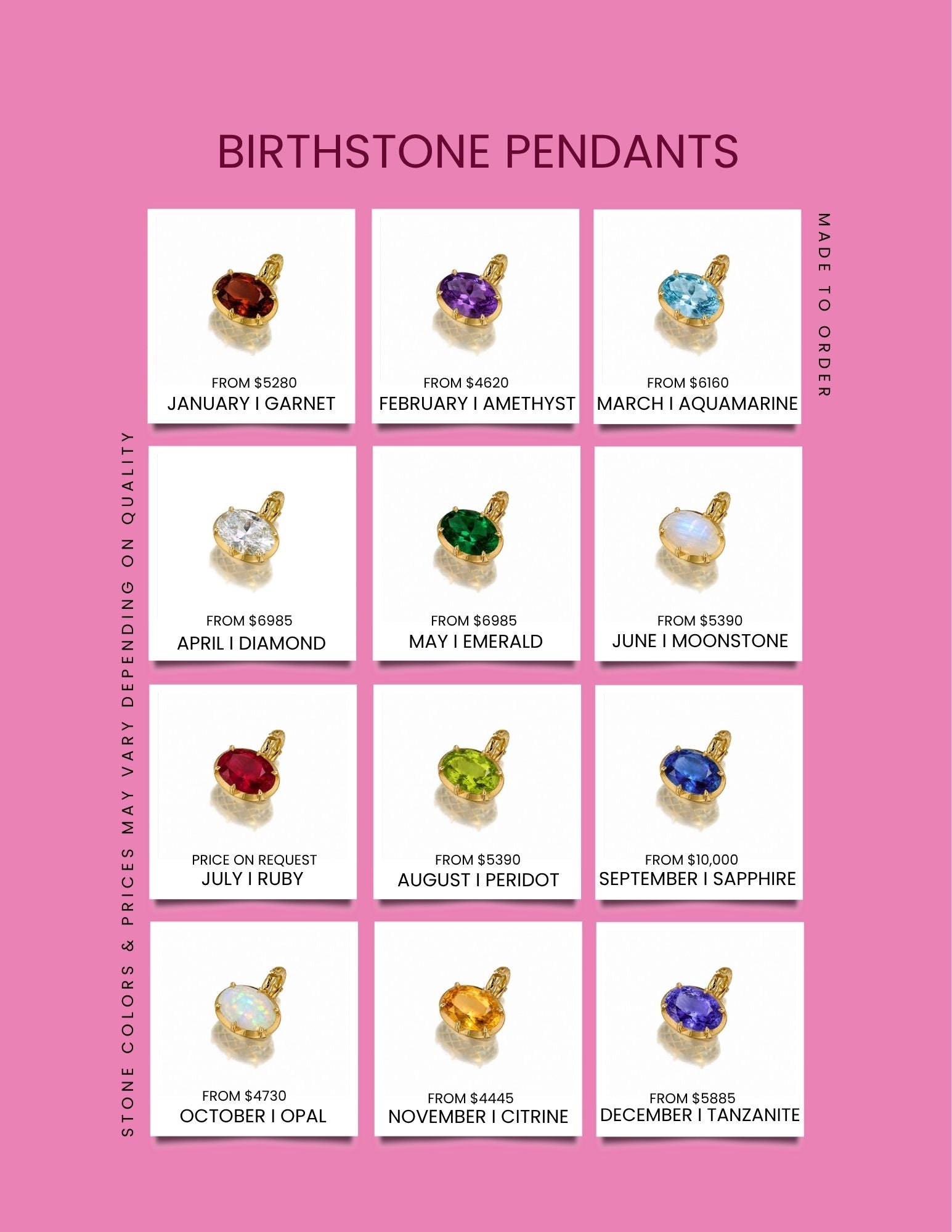 Birthstone pendant guide by month, January to December