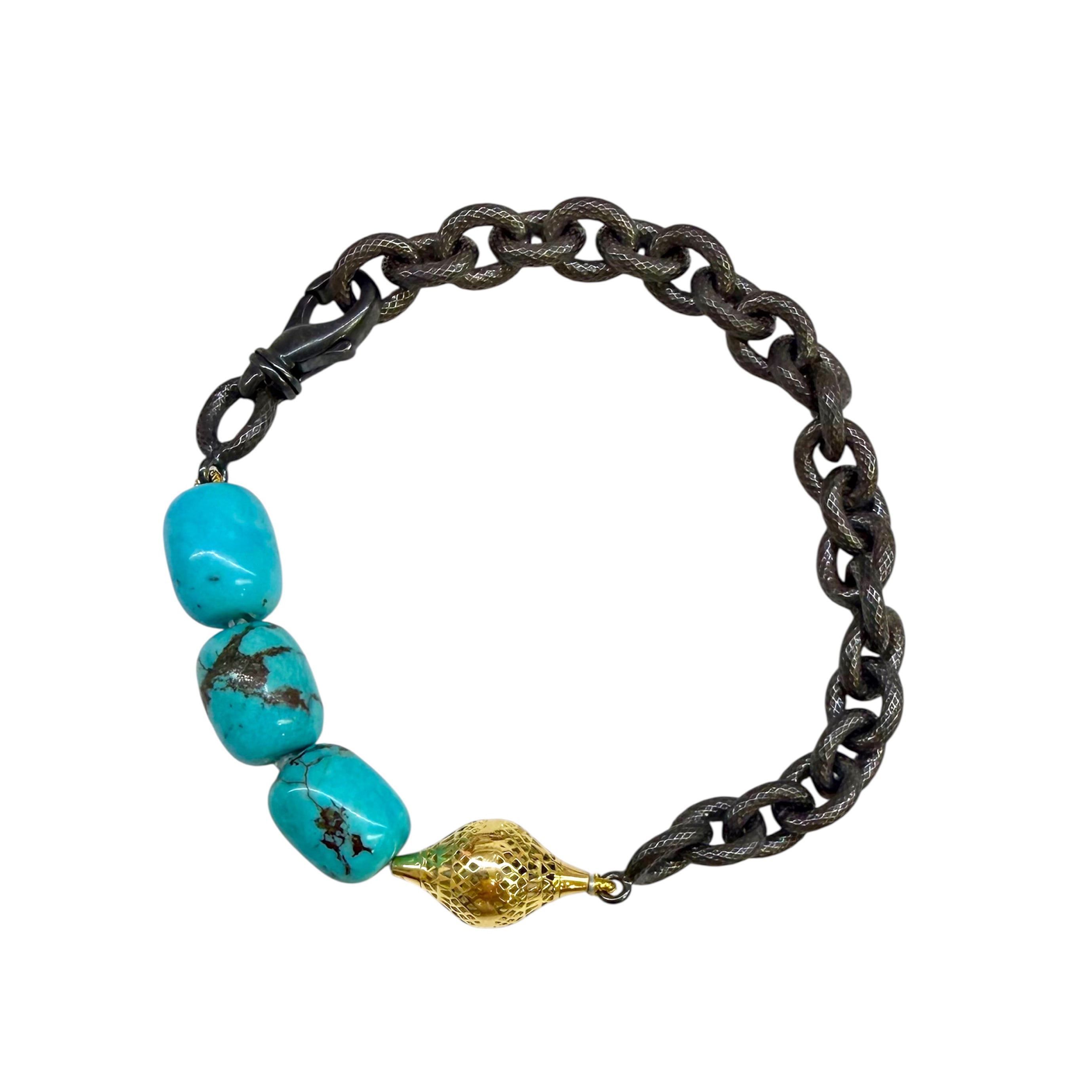 18K Yellow Gold and Oxidized Silver Crownwork® Bracelet with Sonoran Turquoise