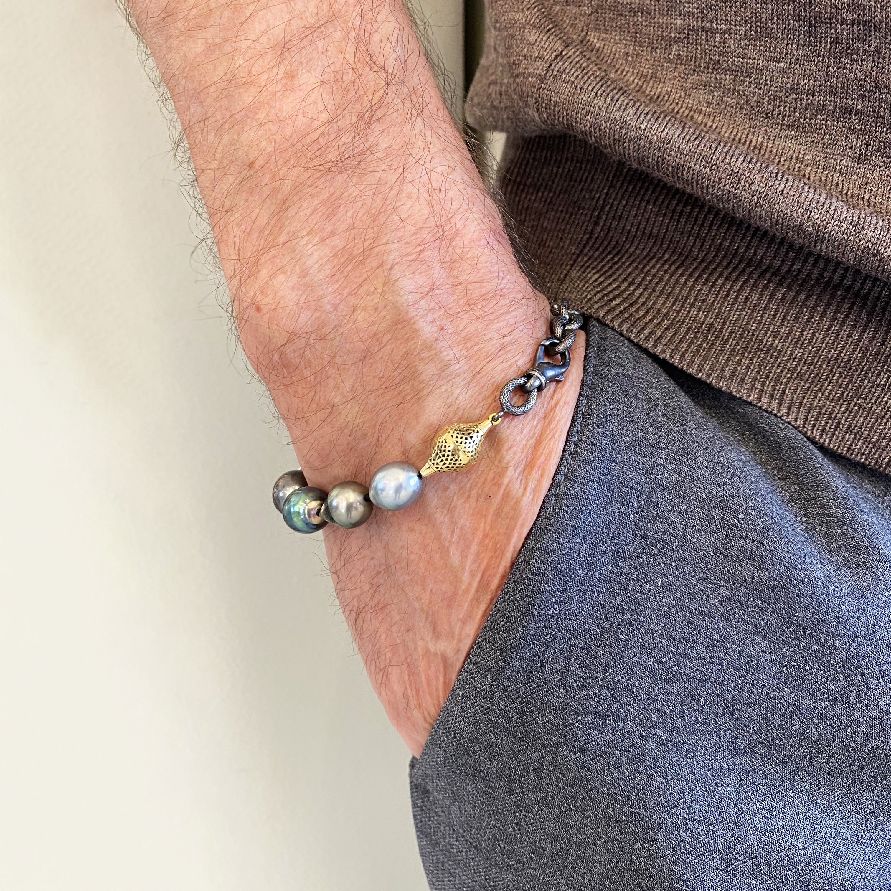 18K Yellow Gold and Oxidized Silver Crownwork® Bracelet with Tahitian Pearl