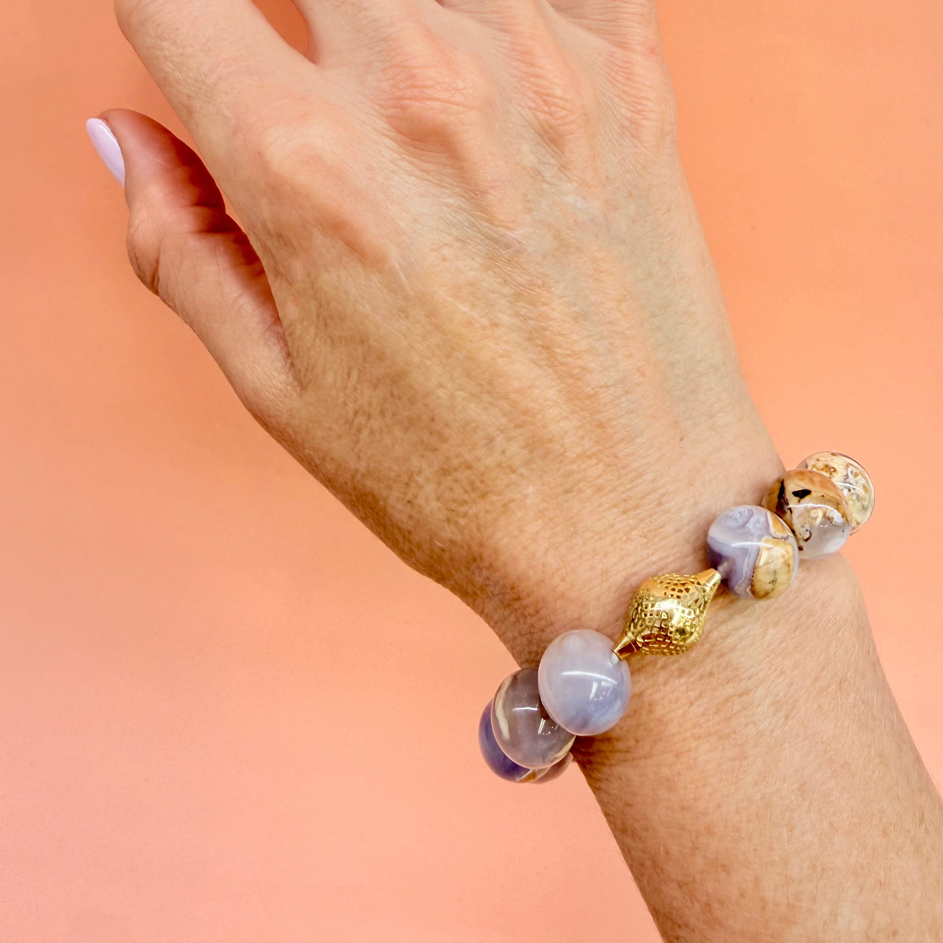 Purple Chalcedony Crownwork® Beaded Stretch Bracelet 18K Gold