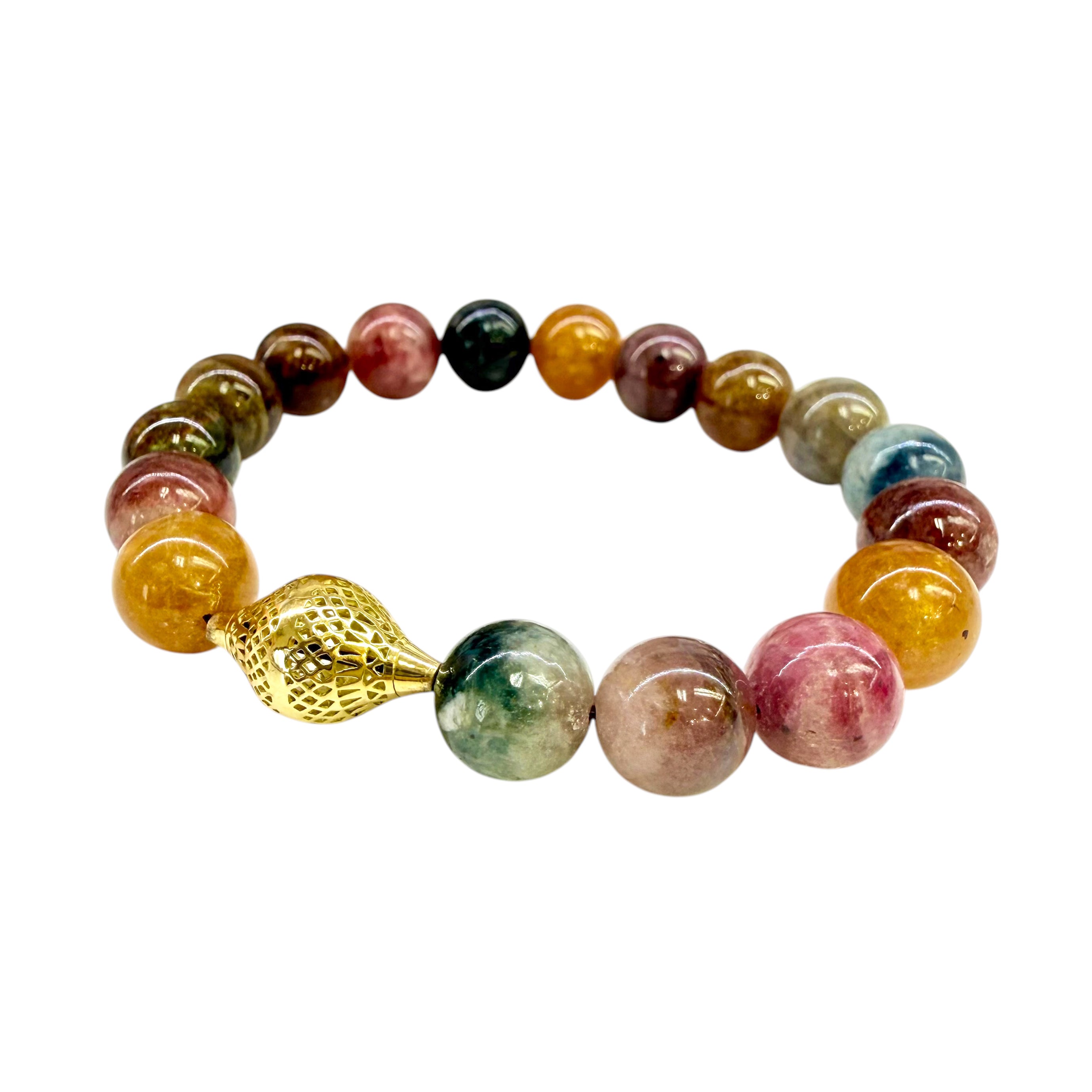 Multi Color Tourmaline Crownwork® Beaded Stretch Bracelet 18K Gold
