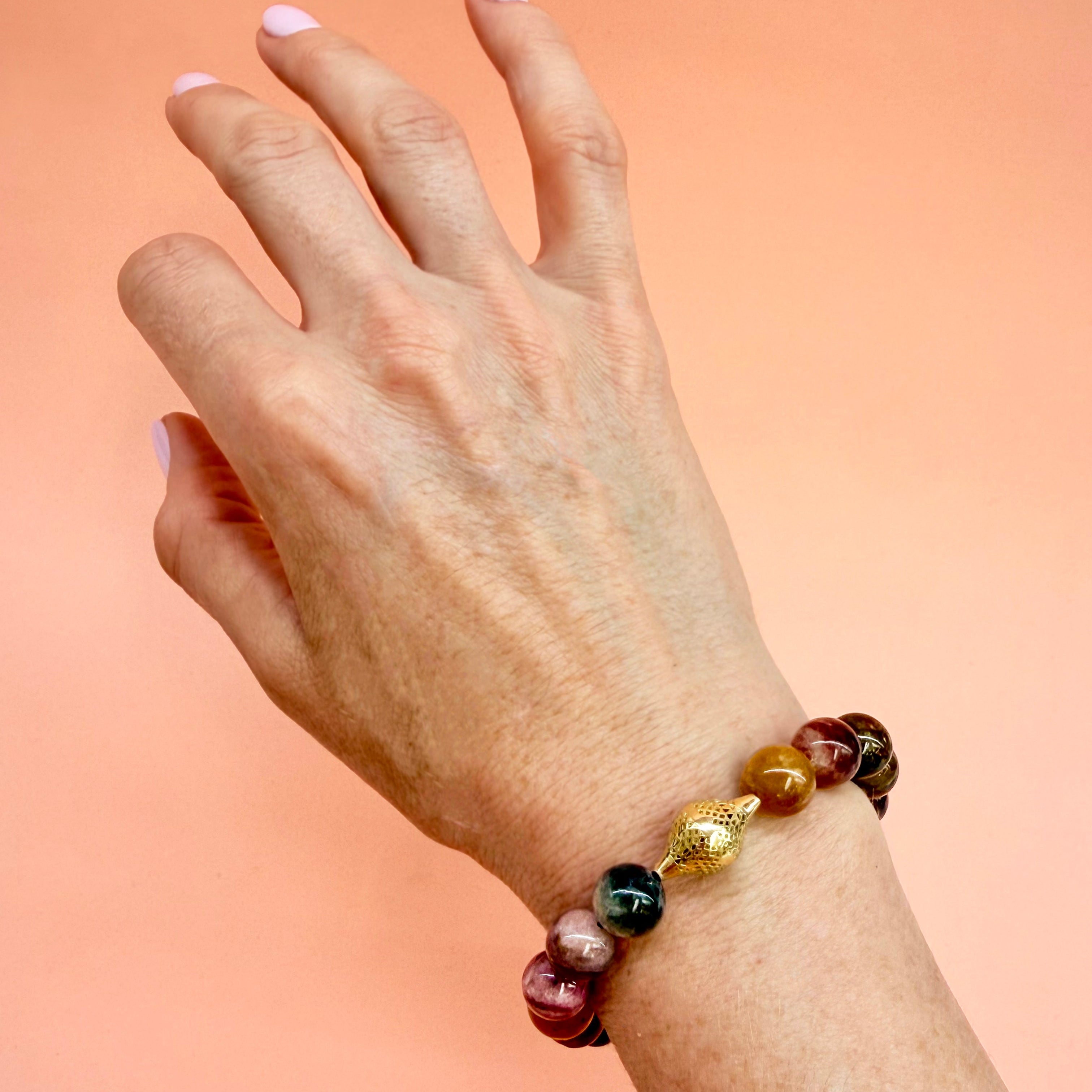 Multi Color Tourmaline Crownwork® Beaded Stretch Bracelet 18K Gold