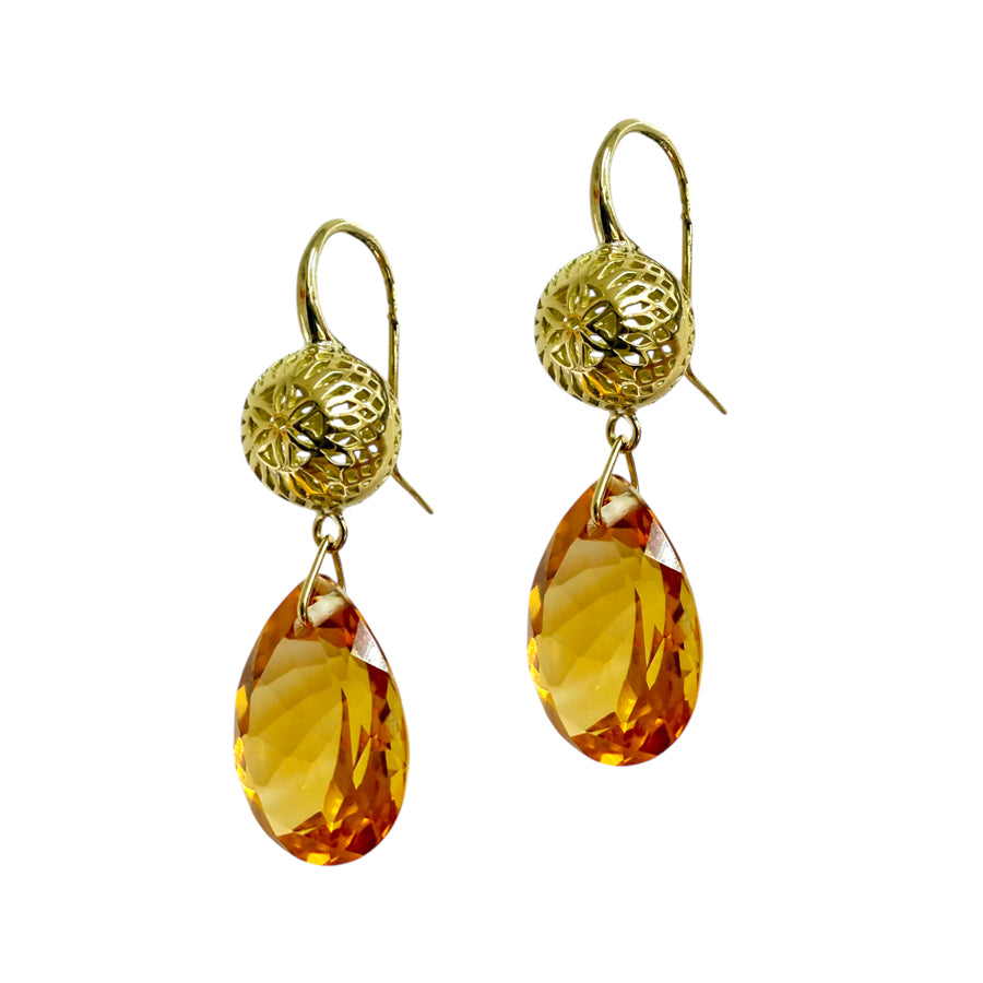 18K Yellow Gold Crownwork® Ball Top Earrings with Faceted Citrine Drops