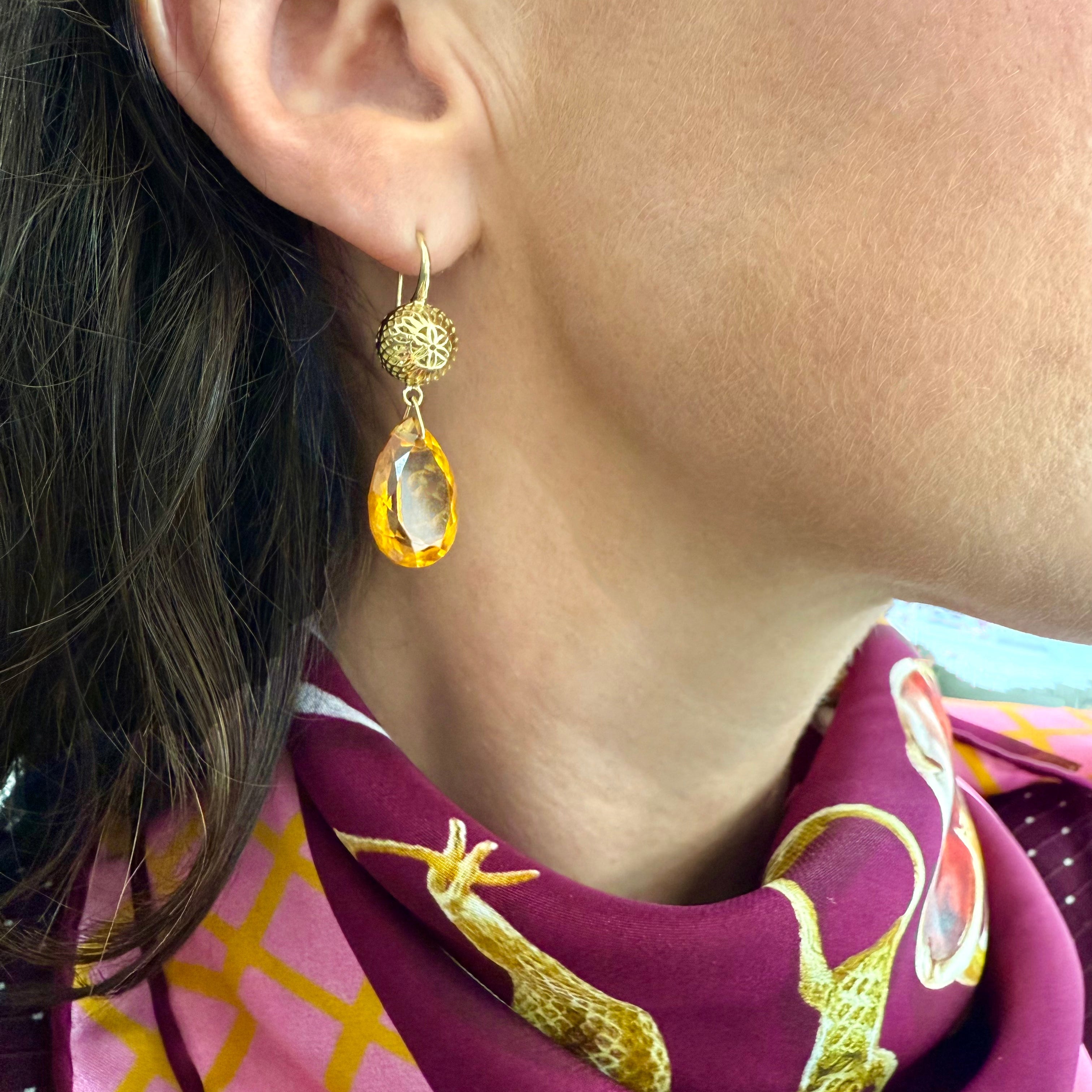 18K Yellow Gold Crownwork® Ball Top Earrings with Faceted Citrine Drops