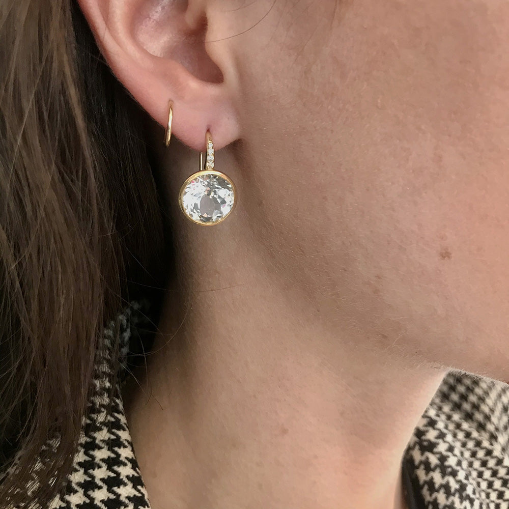 Medium Round White Topaz Crownwork® Earrings with Diamond Hooks
