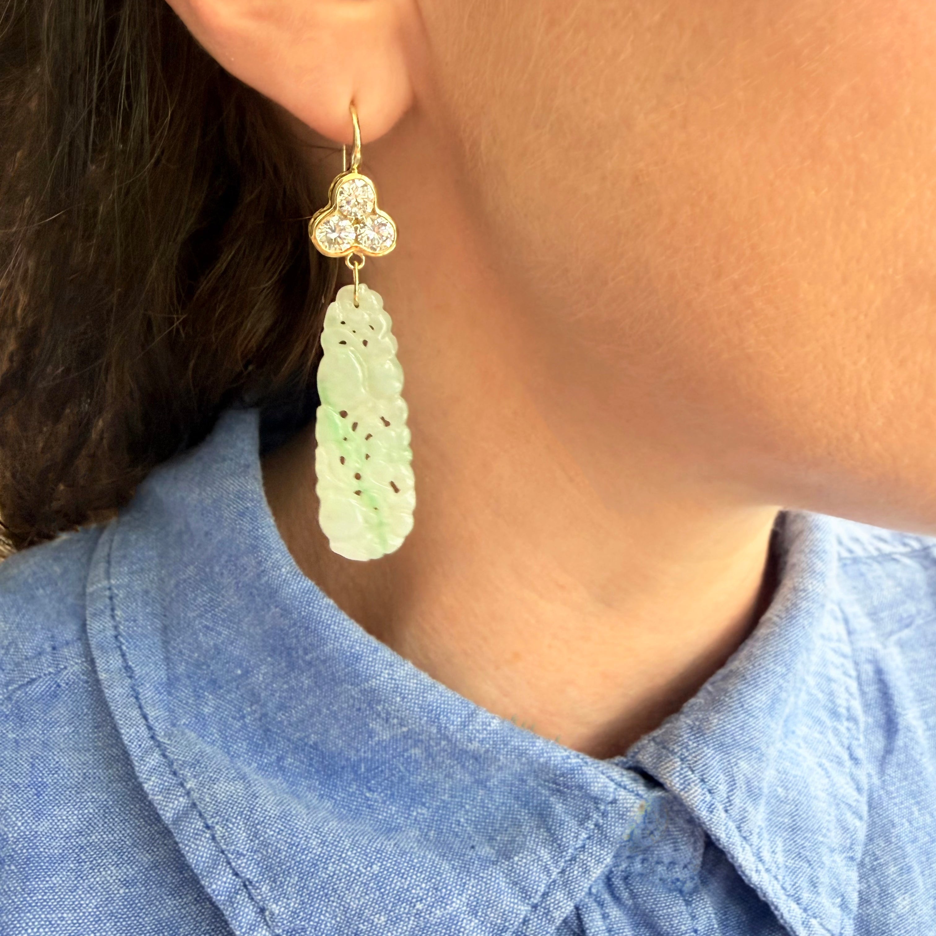 Carved Jade & Triple Diamond Crownwork® Drop Earrings 18K Gold