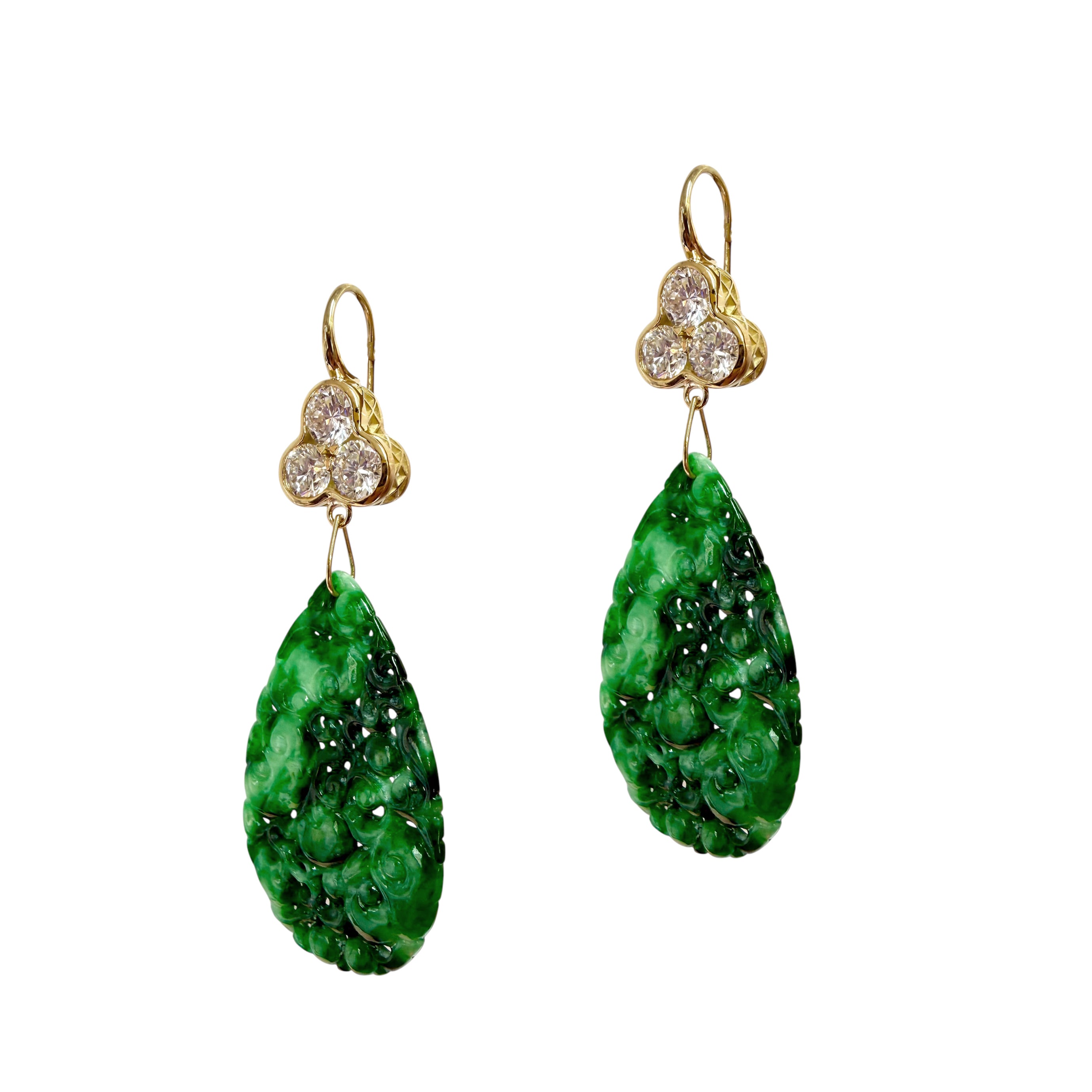 Pear-Shaped Jade & Triple Diamond Crownwork® Drop Earrings 18K Gold