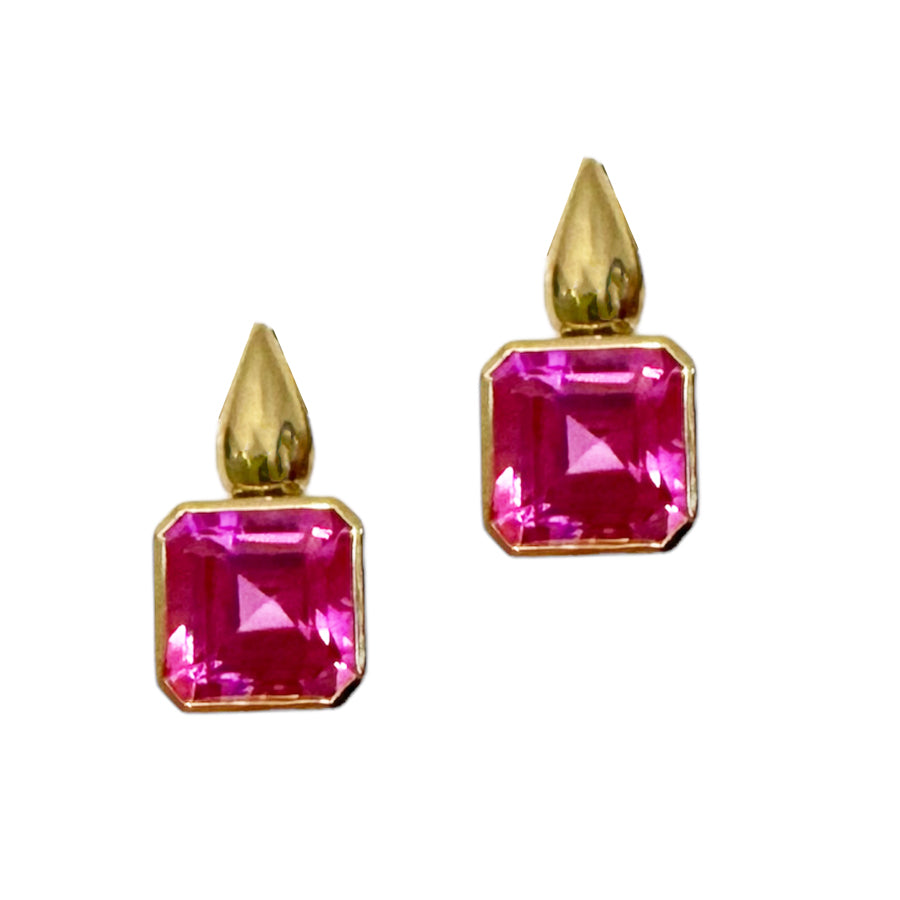18K Yellow Gold Crownwork® 9mm Emerald Cut Pink Topaz Earrings on Teardrop Post