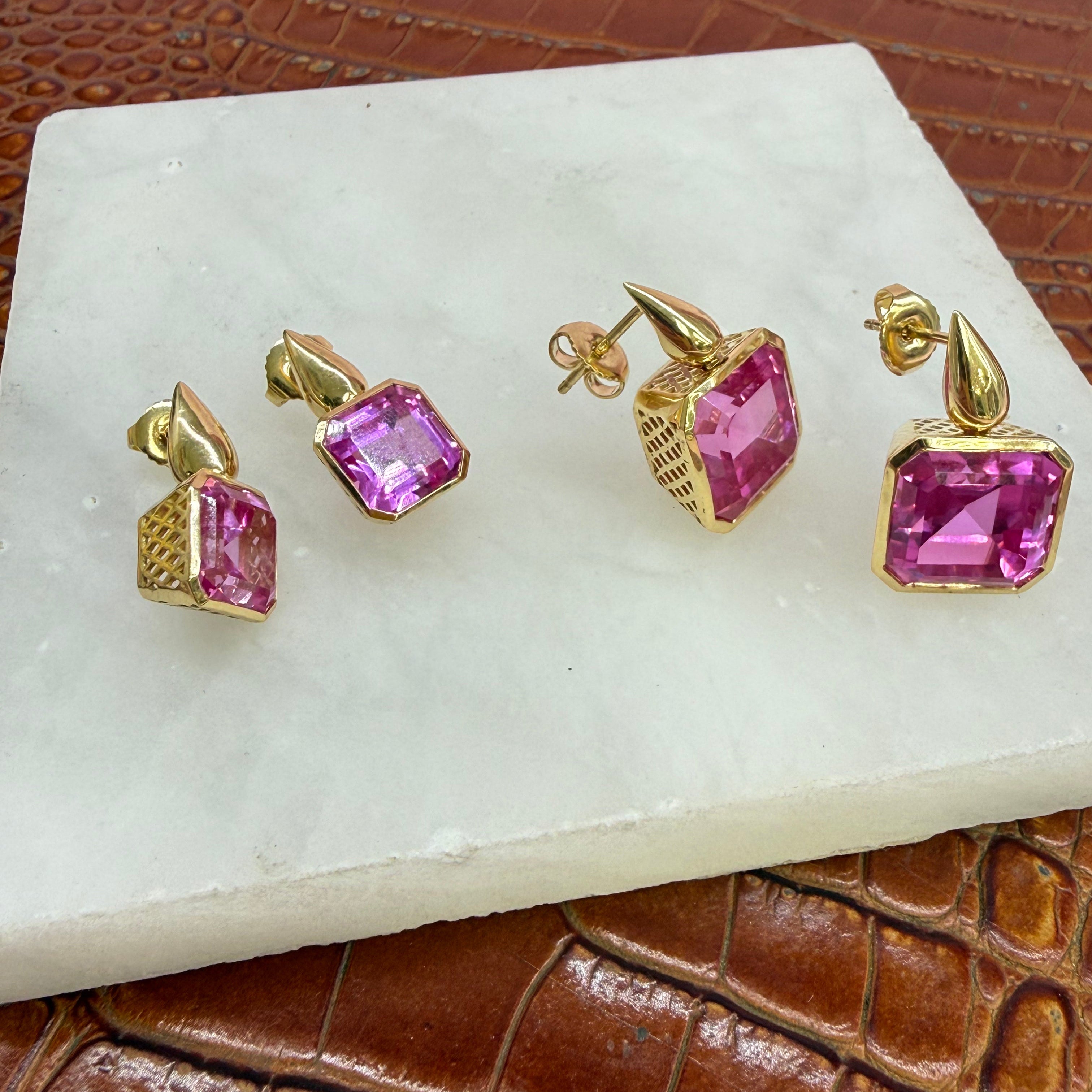 18K Yellow Gold Crownwork® 9mm Emerald Cut Pink Topaz Earrings on Teardrop Post