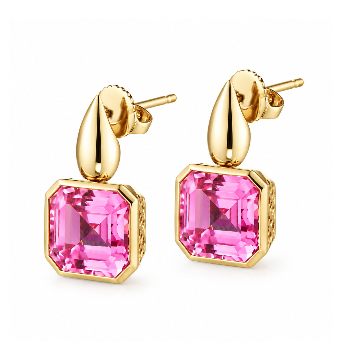 18K Yellow Gold Crownwork® 9mm Emerald Cut Pink Topaz Earrings on Teardrop Post