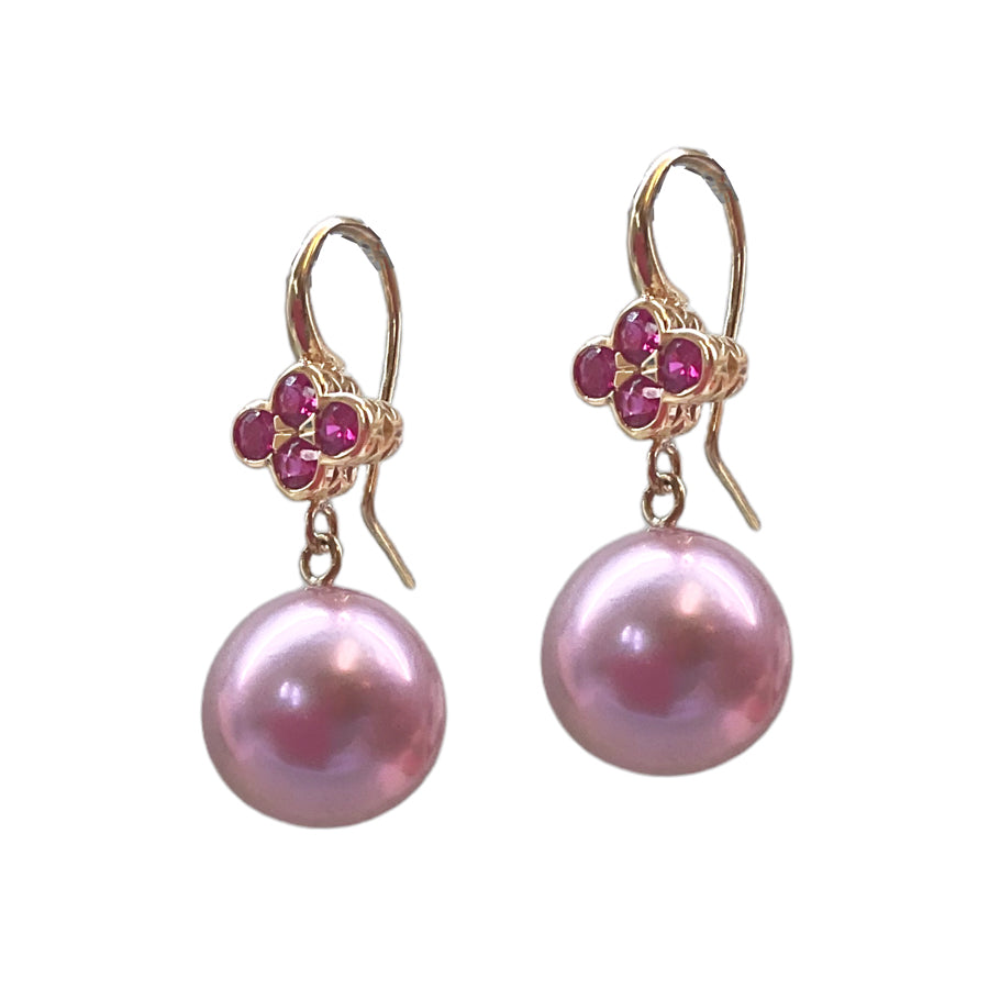 Pink Freshwater Pearl Earrings with Pink Sapphire Clover Tops