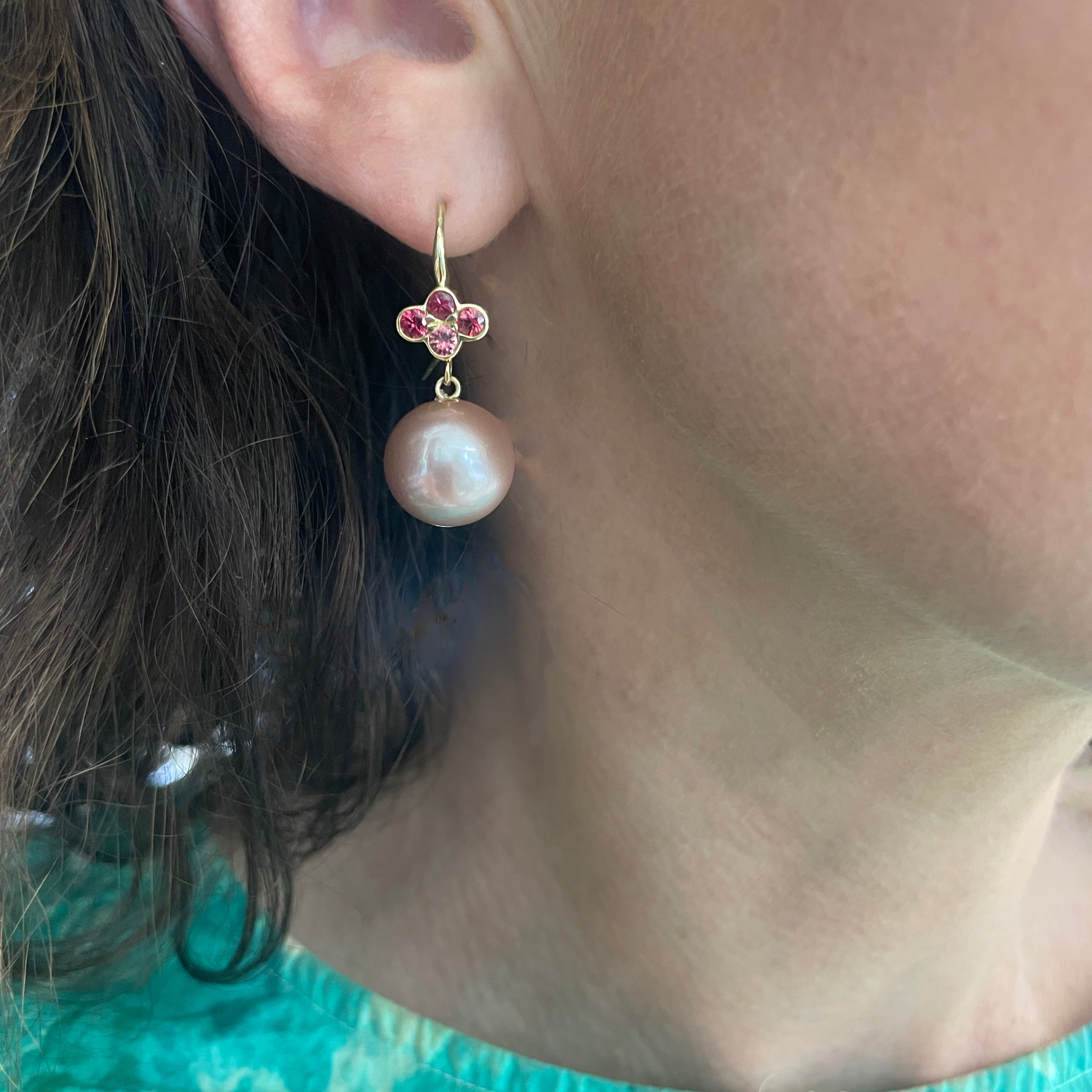 Pink Freshwater Pearl Earrings with Red Sapphire Clover Tops