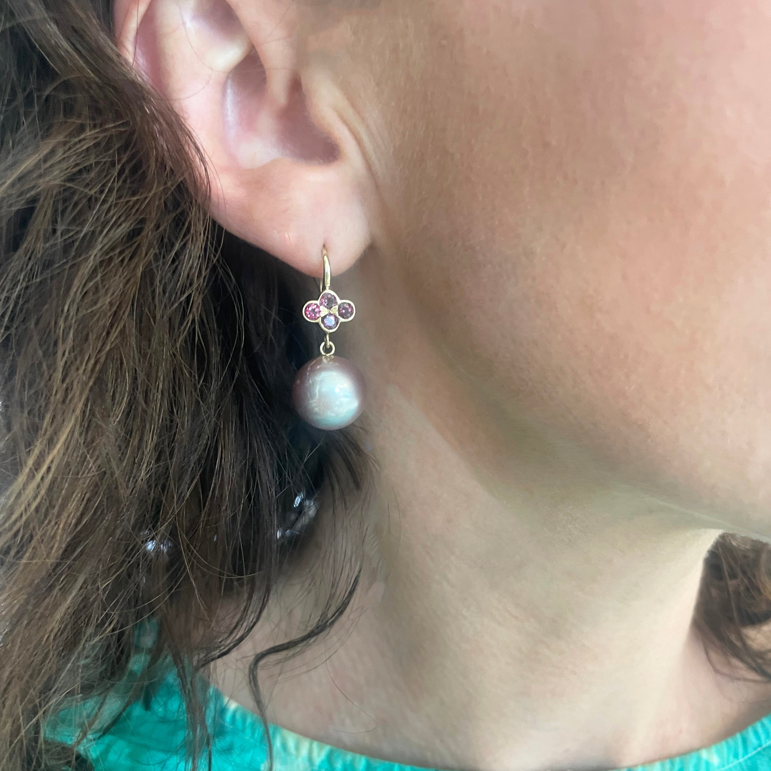 Grey Freshwater Pearl Earrings with Pink Sapphire Clover Tops