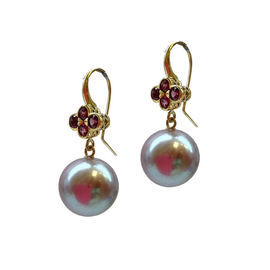 Grey Freshwater Pearl Earrings with Pink Sapphire Clover Tops