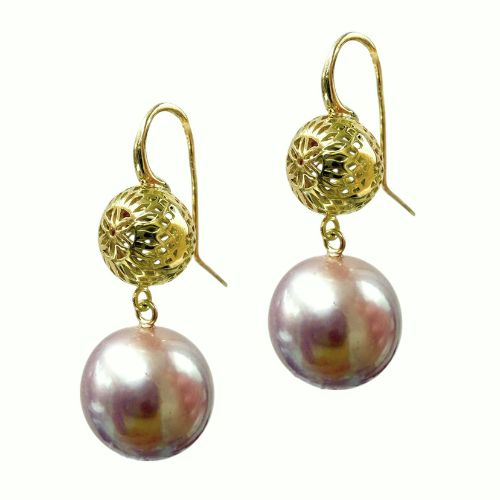 18K Yellow Gold Crownwork® Ball Top Earrings with Purple Freshwater Pearl Drops