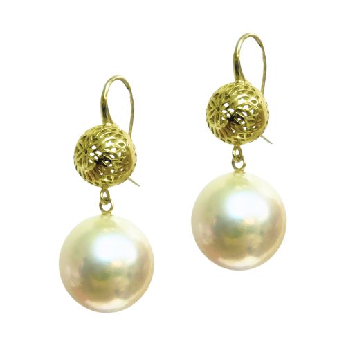 18K Yellow Gold Crownwork® Ball Top Earrings with Freshwater Pearl Drops