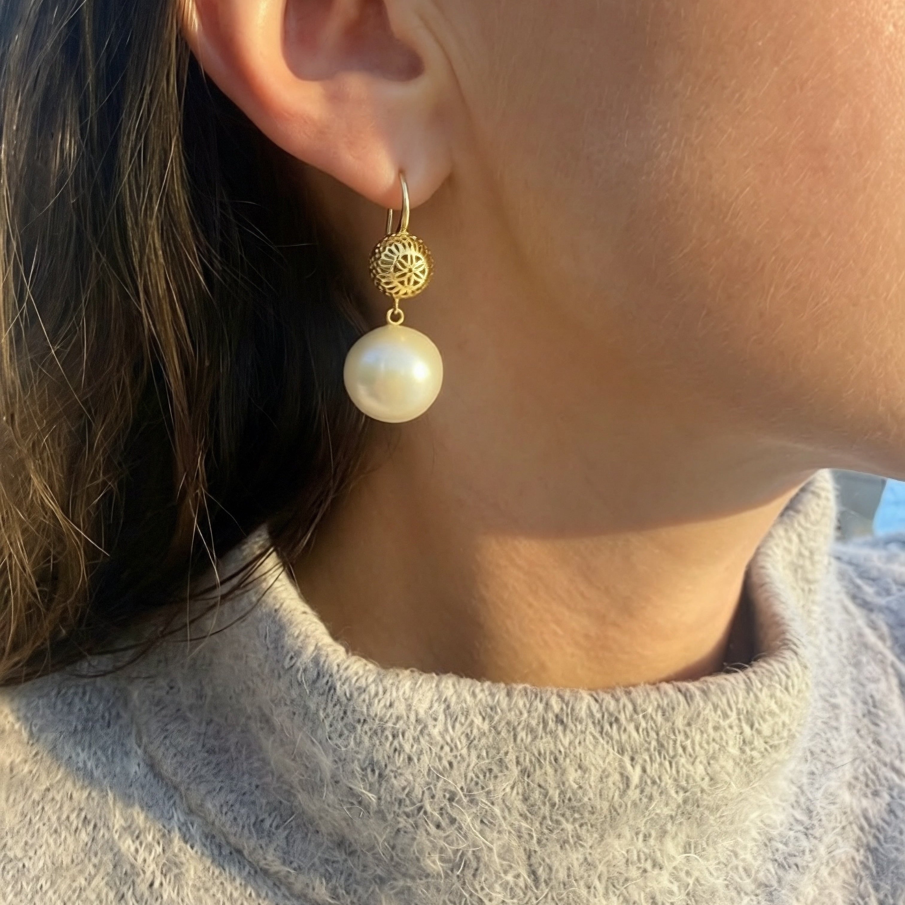 18K Yellow Gold Crownwork® Ball Top Earrings with Freshwater Pearl Drops