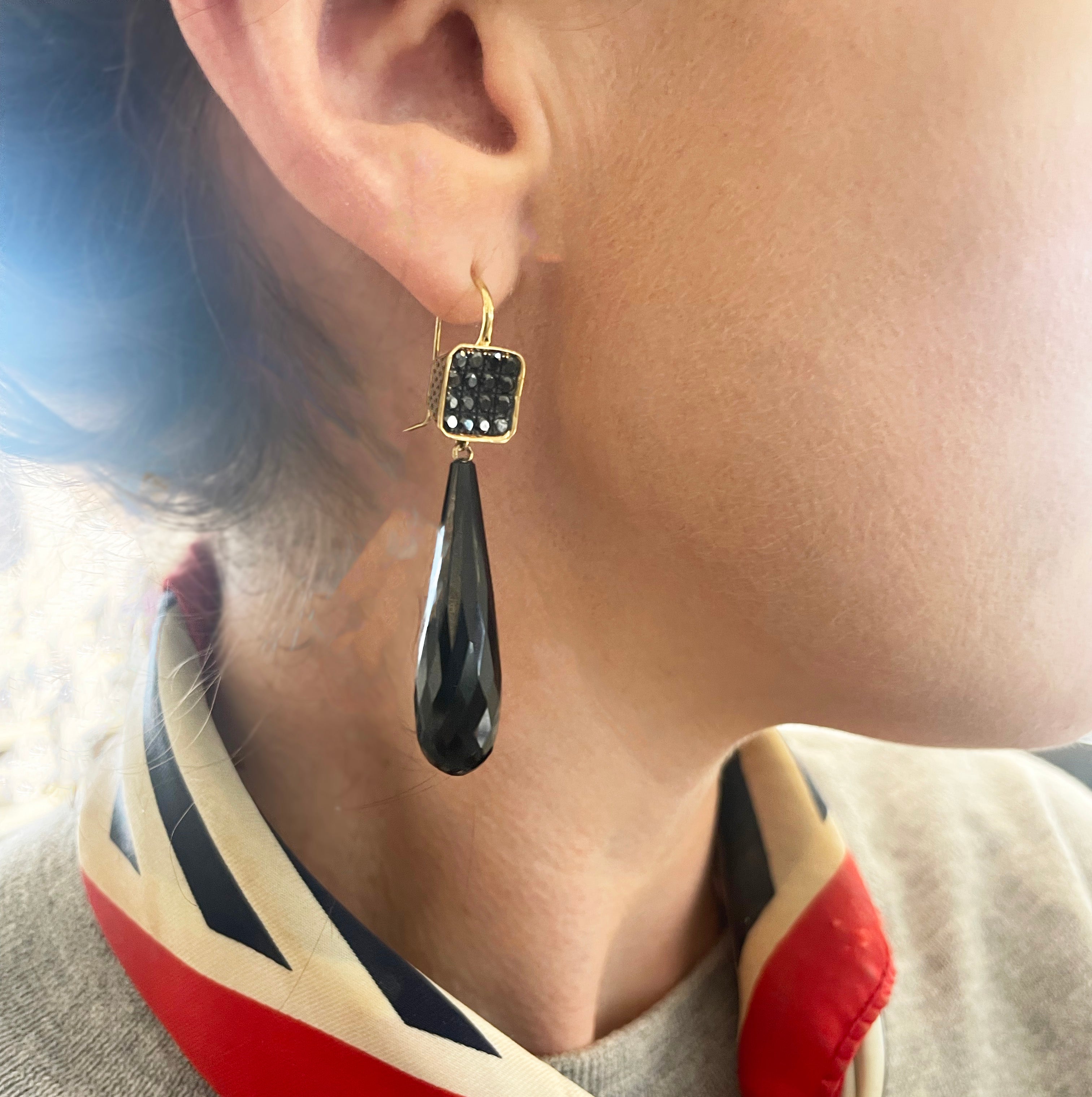 Black Diamond Earrings with Faceted Black Onyx Drops