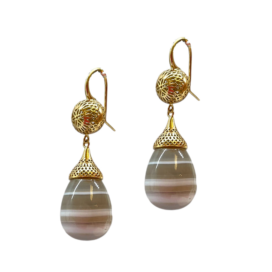 Crownwork® Ball Earrings with Banded Agate Drops