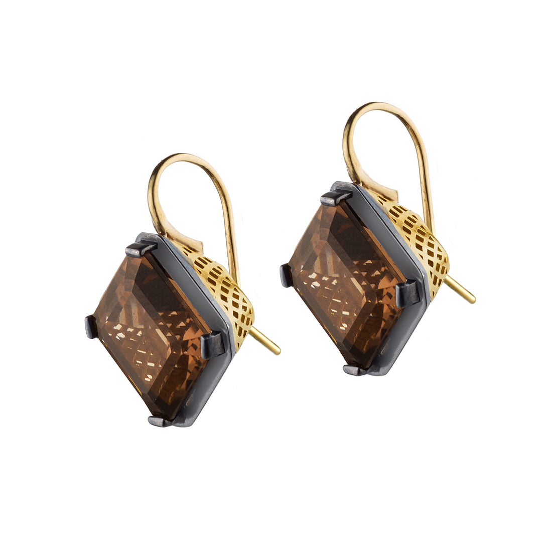Mixed Metal Smoky Quartz Emerald Cut Earrings