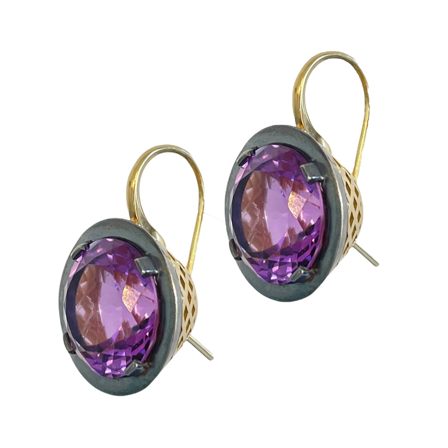 Mixed Metal Amethyst Round Earrings
