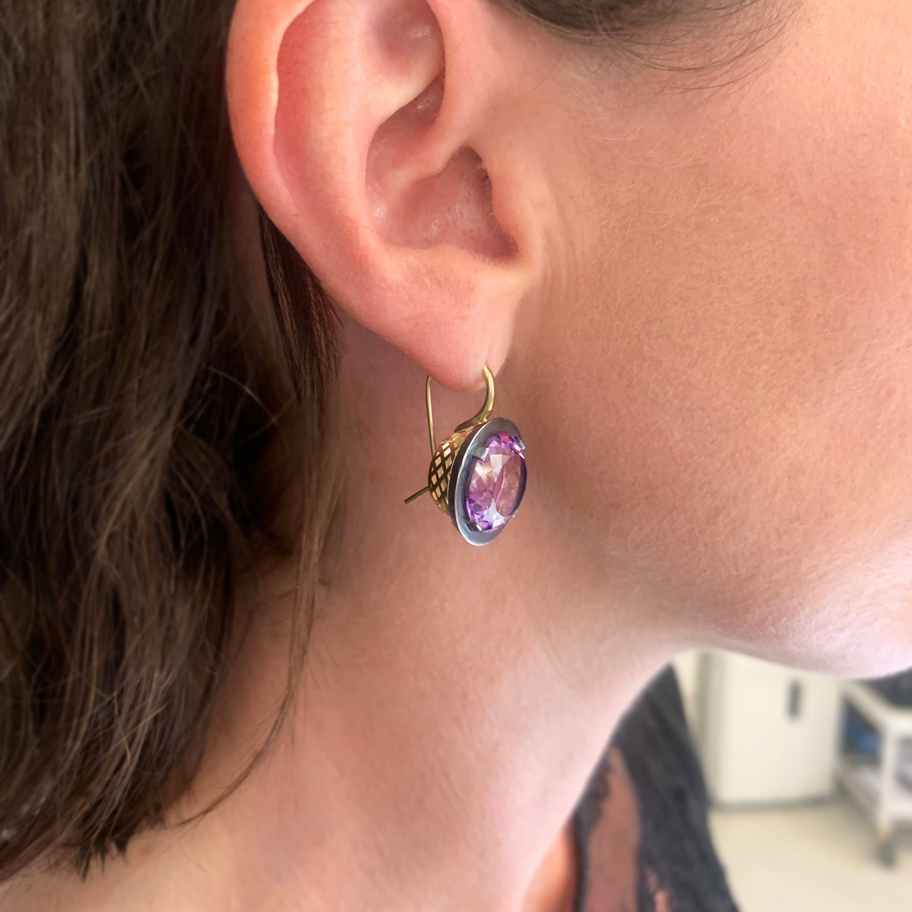 Mixed Metal Amethyst Round Earrings