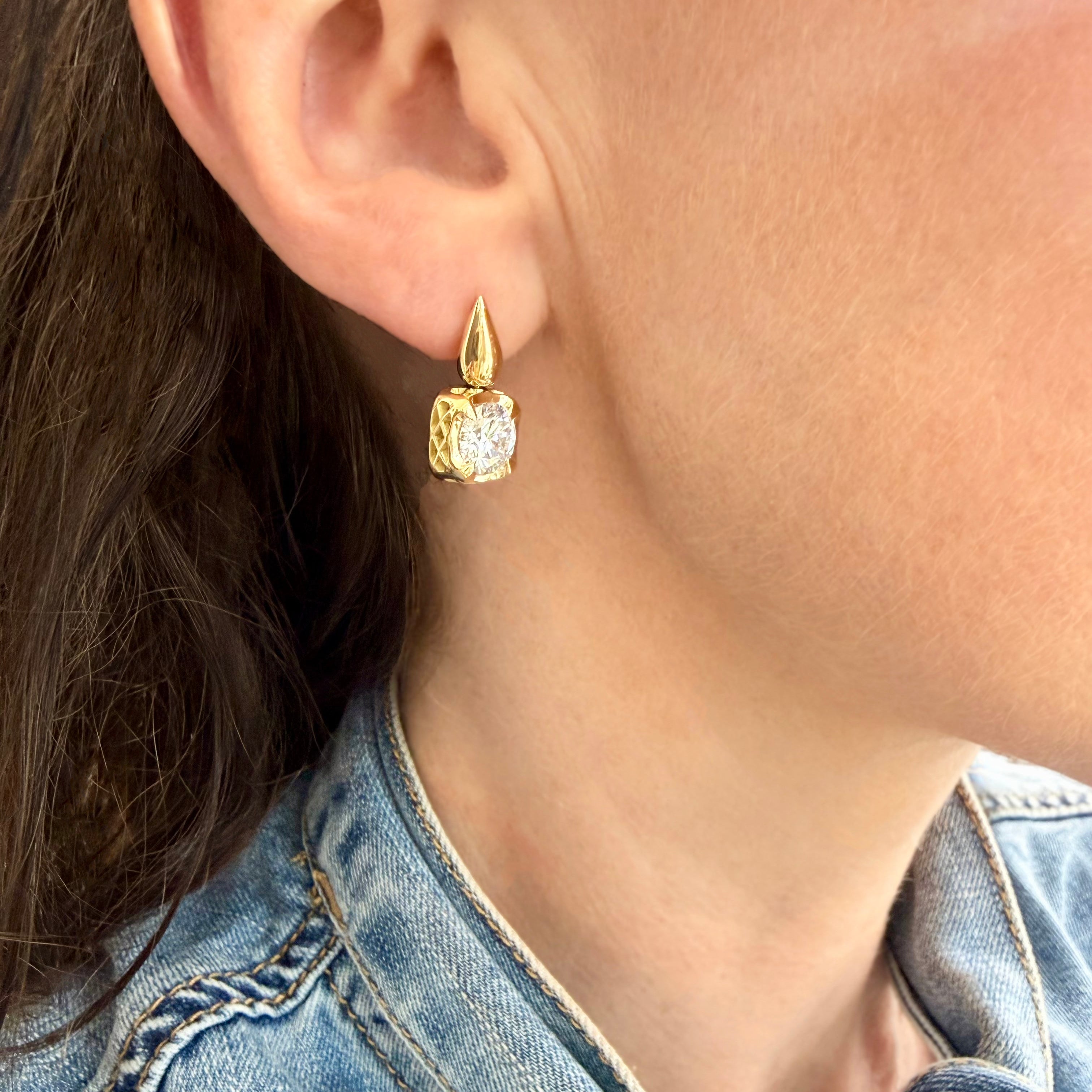18K Yellow Gold Crownwork® Round Diamond Drop Earrings