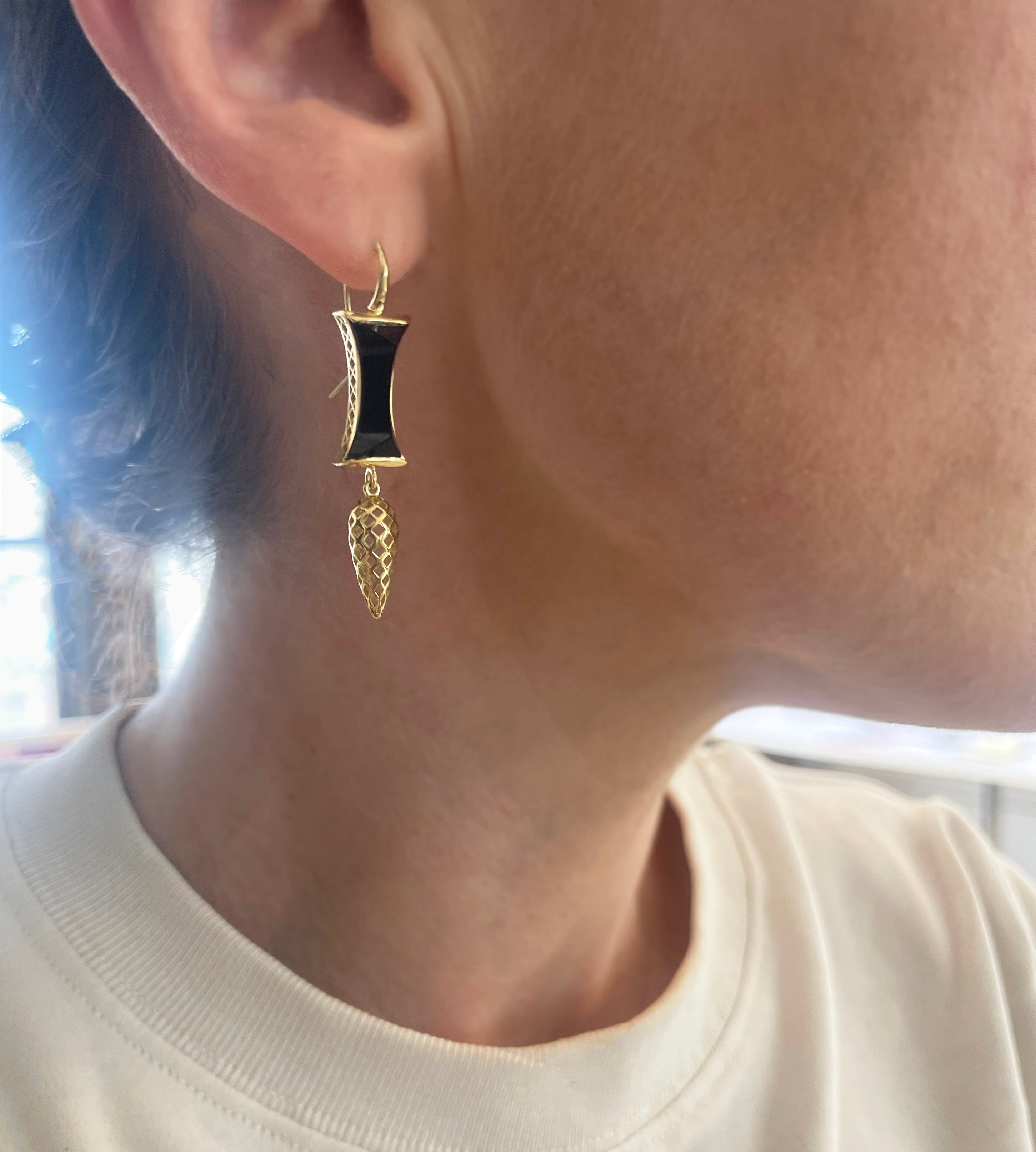 Carved Onyx and Crownwork Spear Earrings