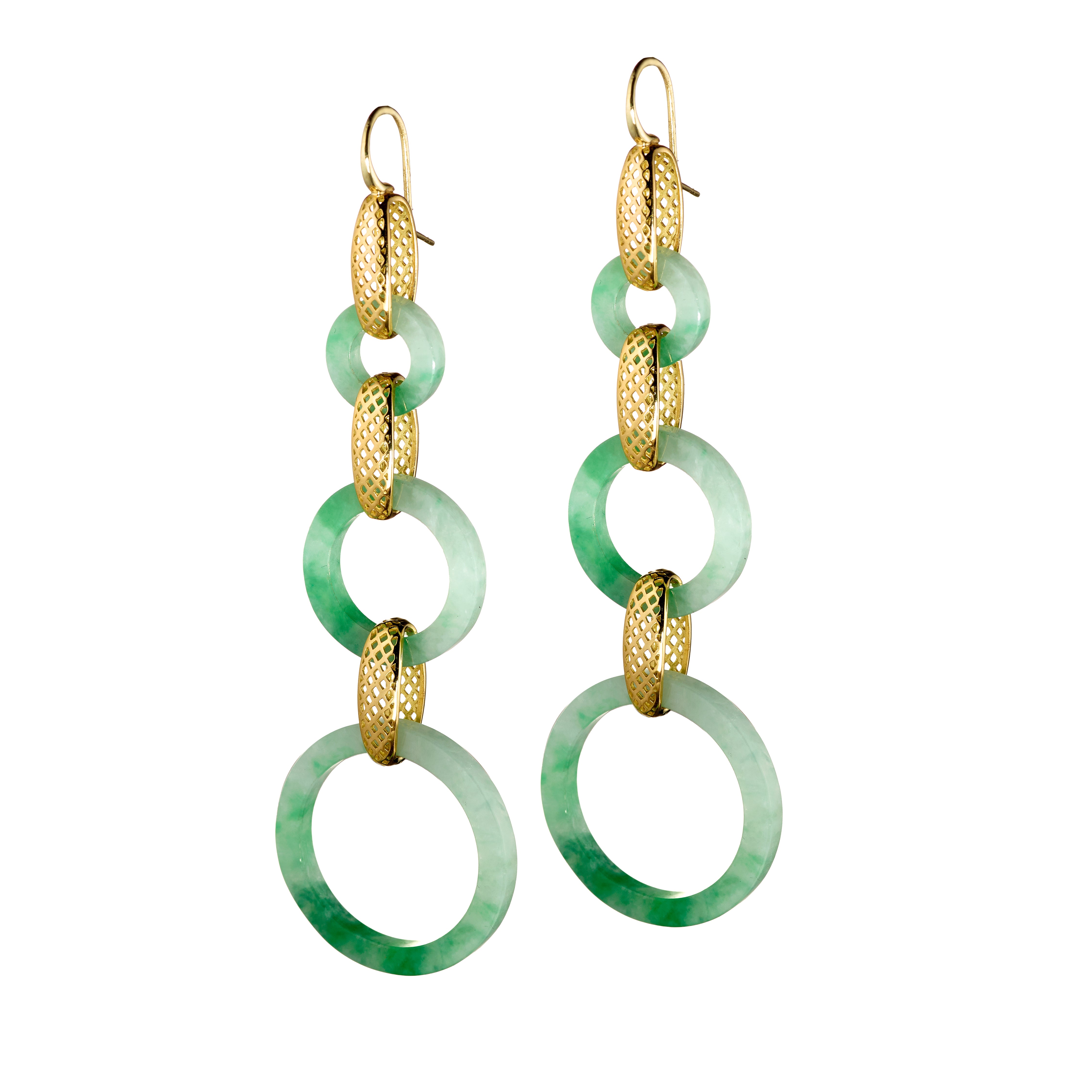 18K Yellow Gold Crownwork® Triple Link Earrings with Carved Jade Circles