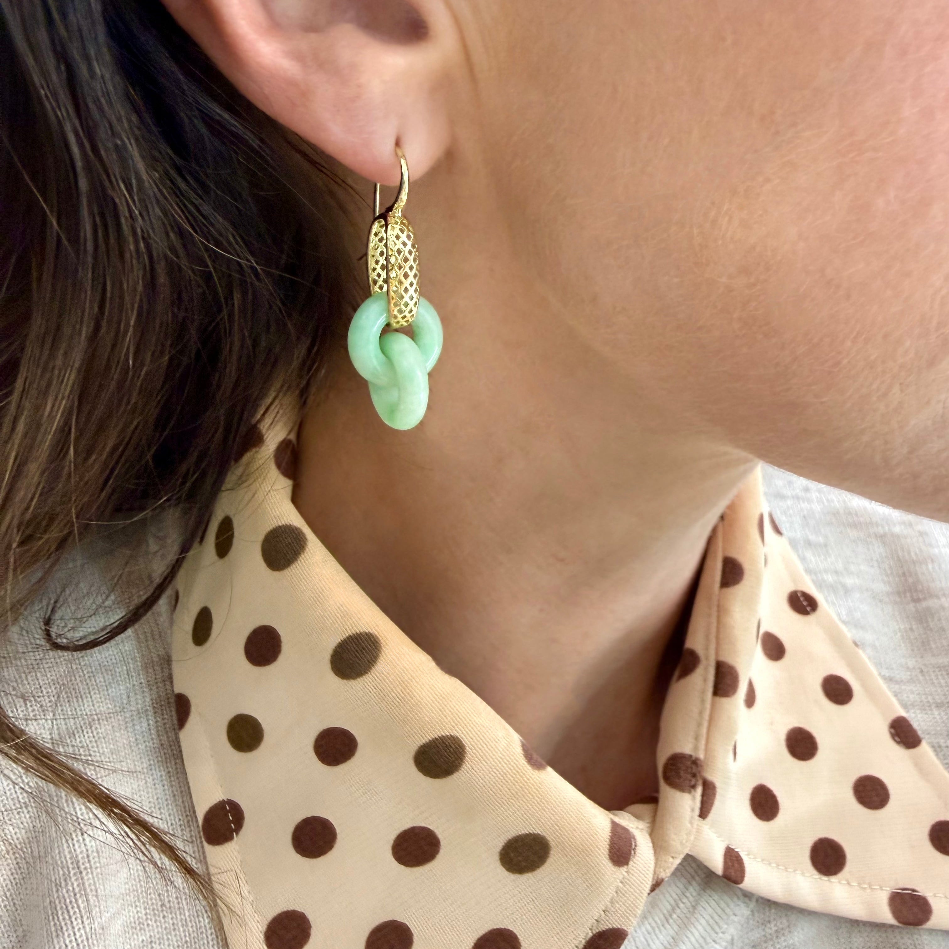 18K Yellow Gold Crownwork® Link Earrings with Interlocking Jade Drops