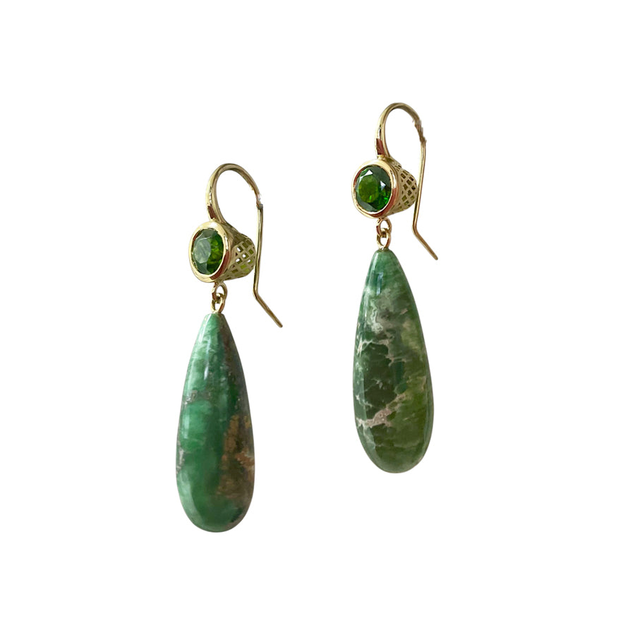 18K Yellow Gold Crownwork® Chrome Diopside and Variscite Earrings