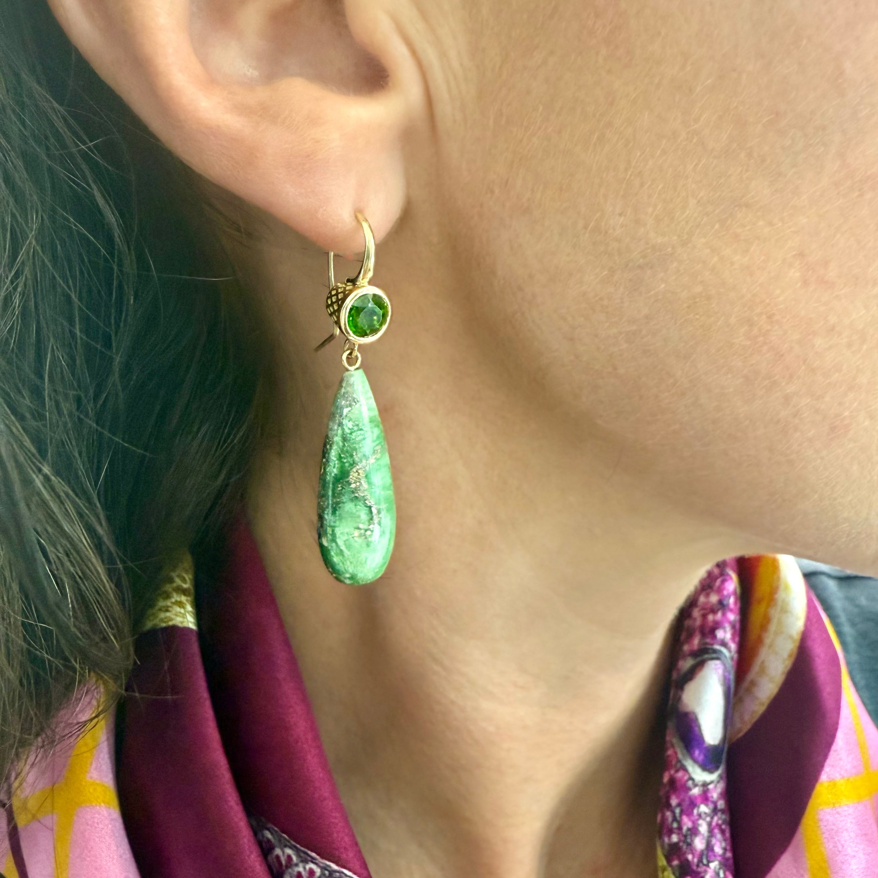 18K Yellow Gold Crownwork® Chrome Diopside and Variscite Earrings