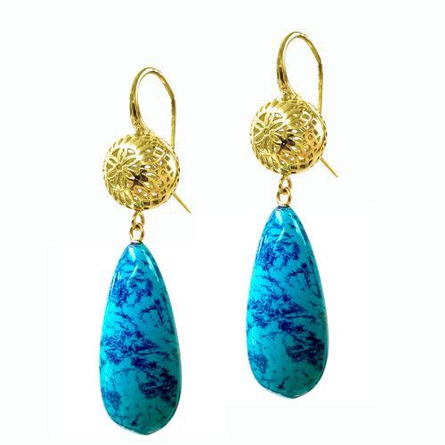 18K Yellow Gold Crownwork® Ball Top Earrings with Chrysocolla & Azurite Drops