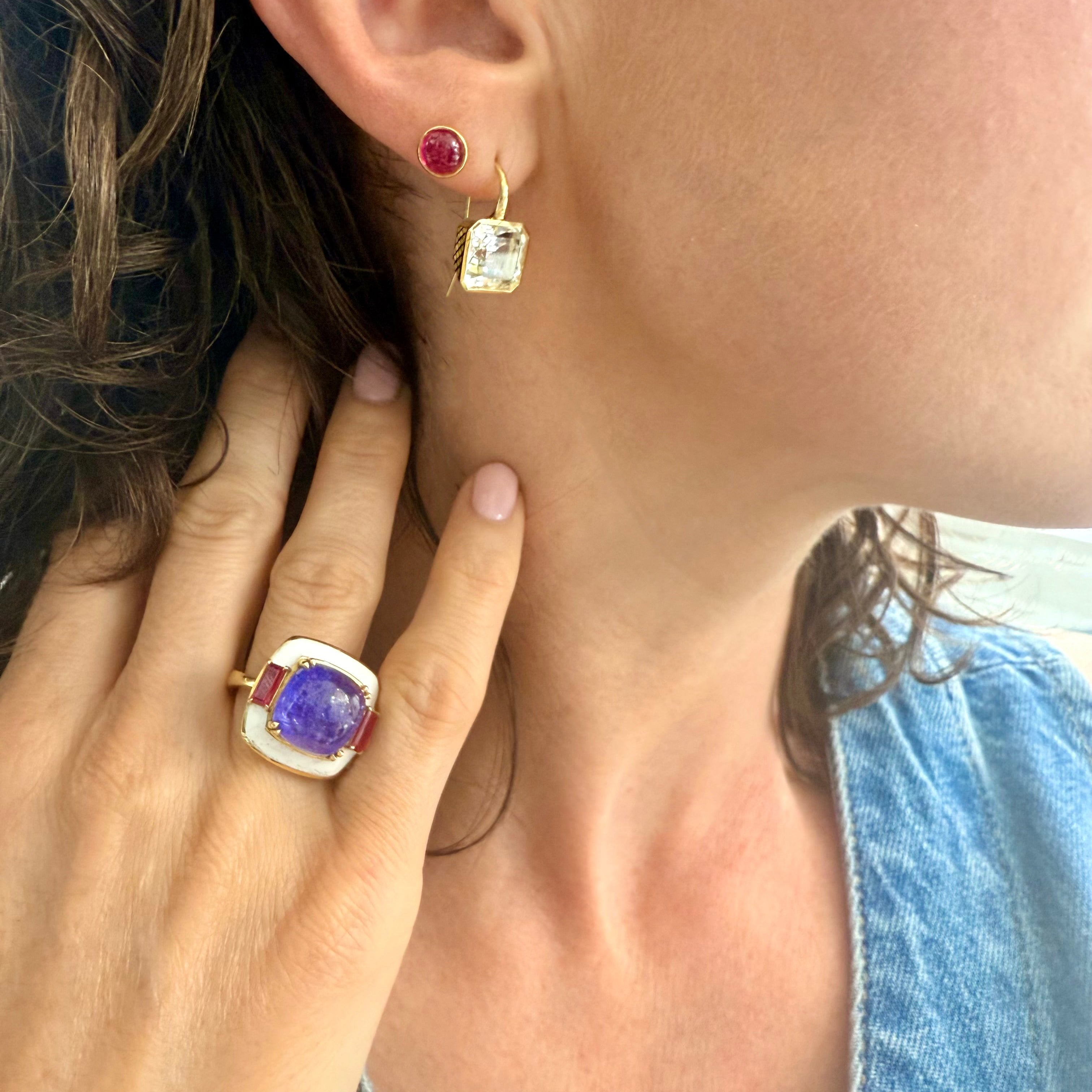 18K Yellow Gold Enamel Ring with Tanzanite and Ruby Baguettes