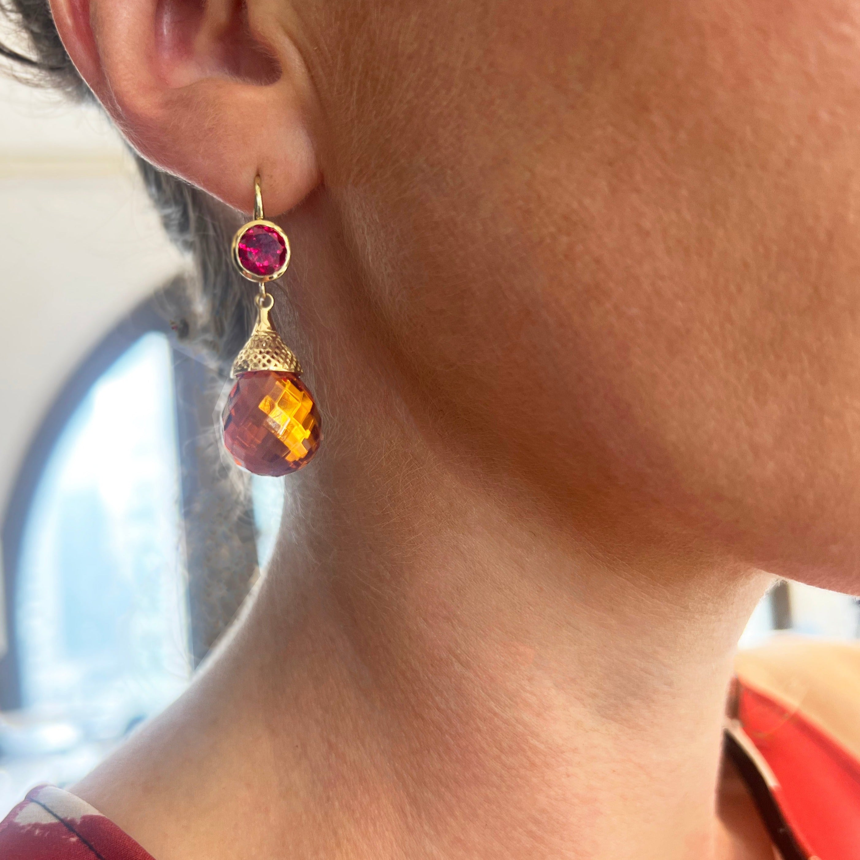 Garnet and Amber Drop Earrings
