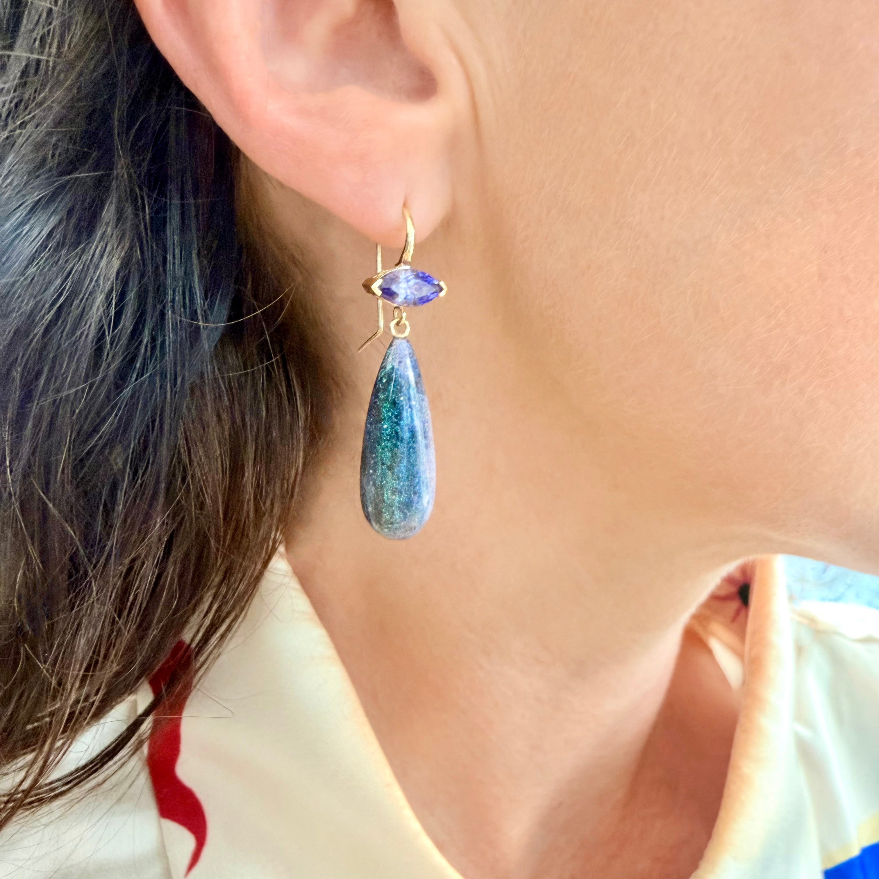 Tanzanite & Andamooka Opal Crownwork® Drop Earrings 18K Gold