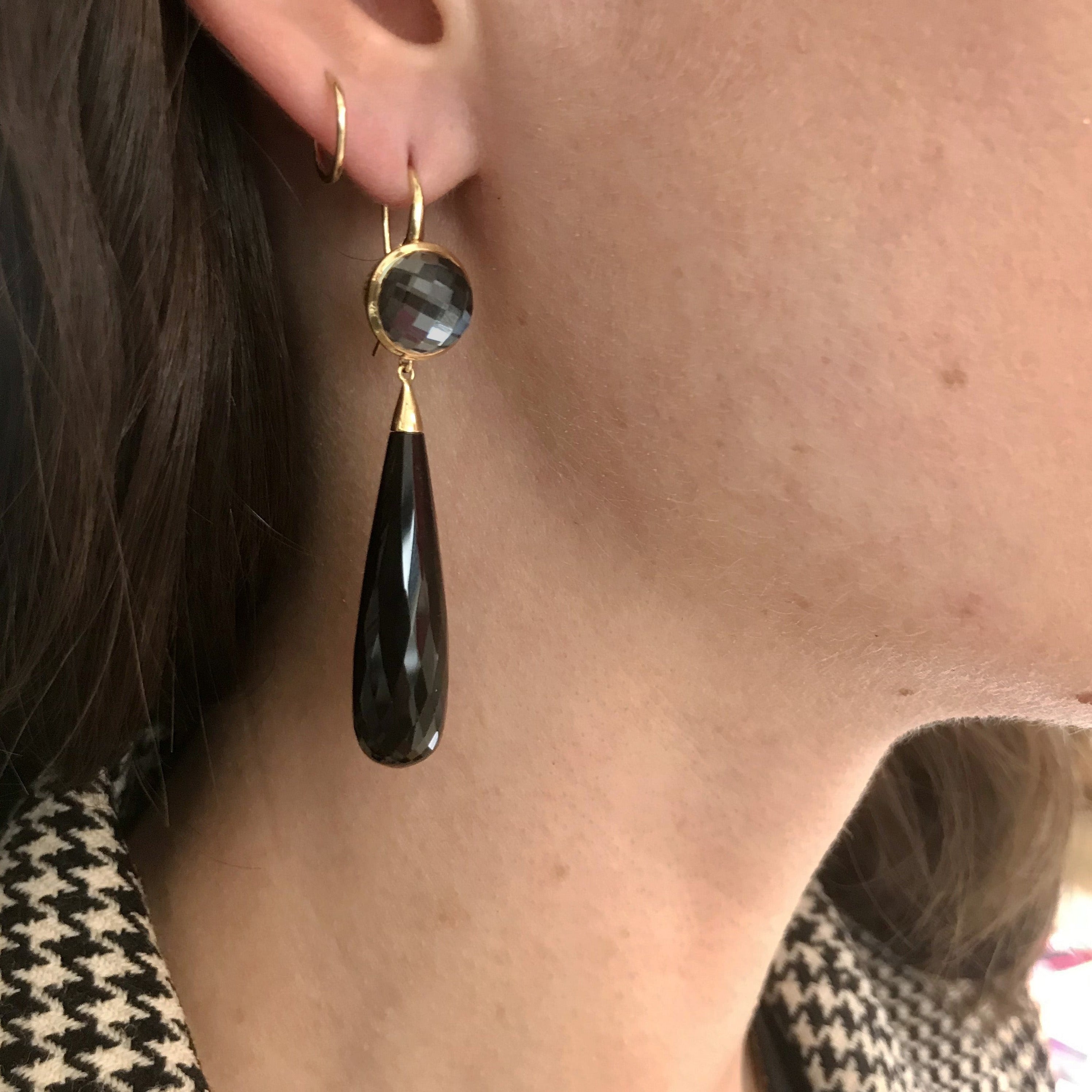 Faceted Hematite and Onyx Drop Earrings