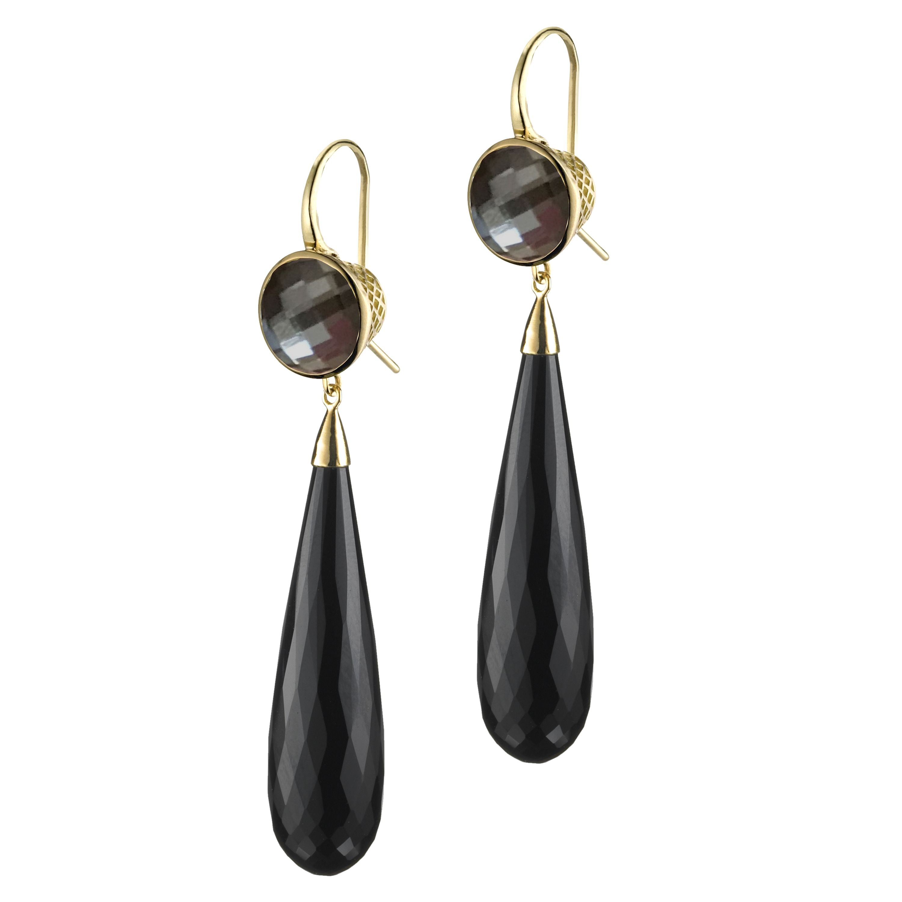 Faceted Hematite and Onyx Drop Earrings