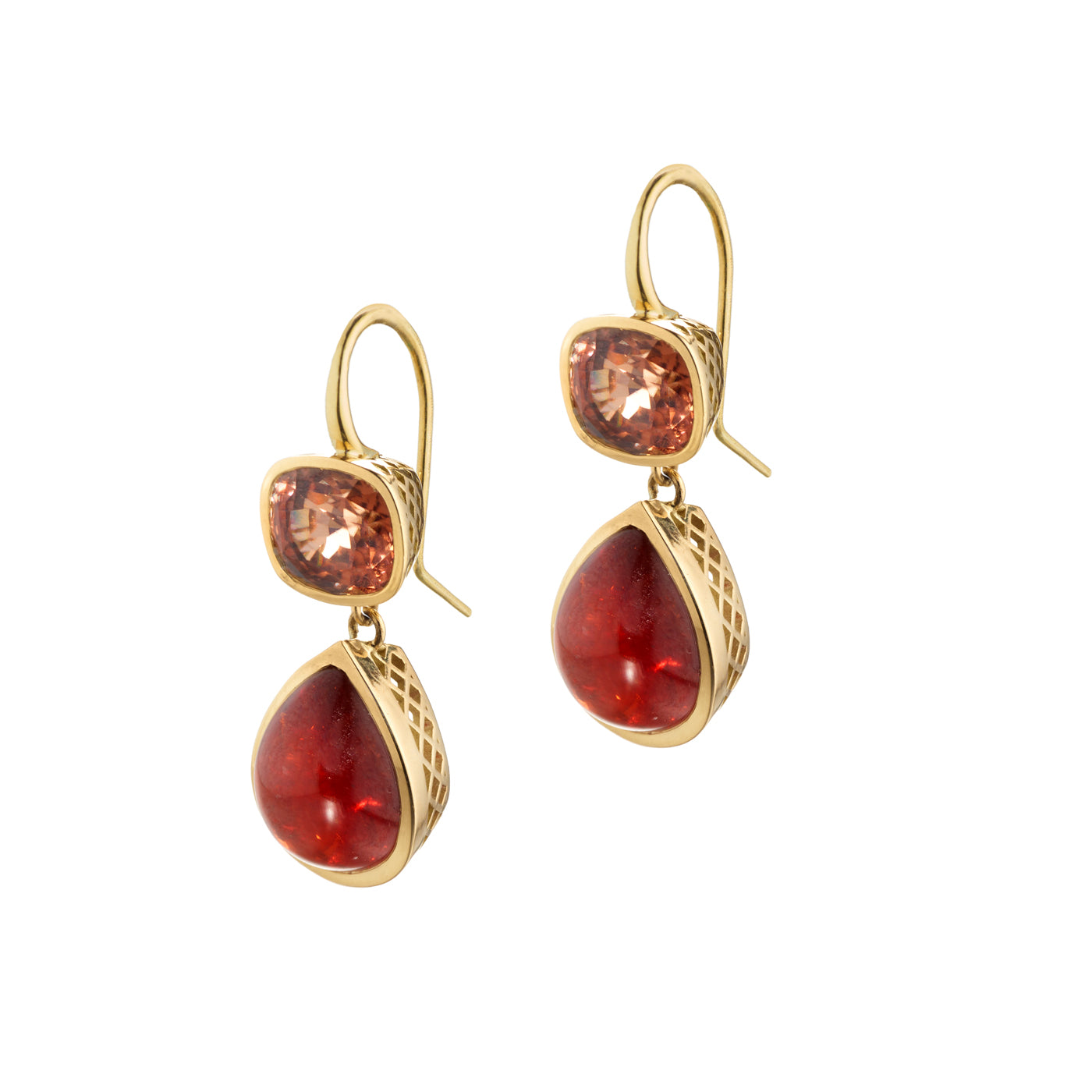 Asymmetric bezel set brown zircon earrings with hessonite garnet drops