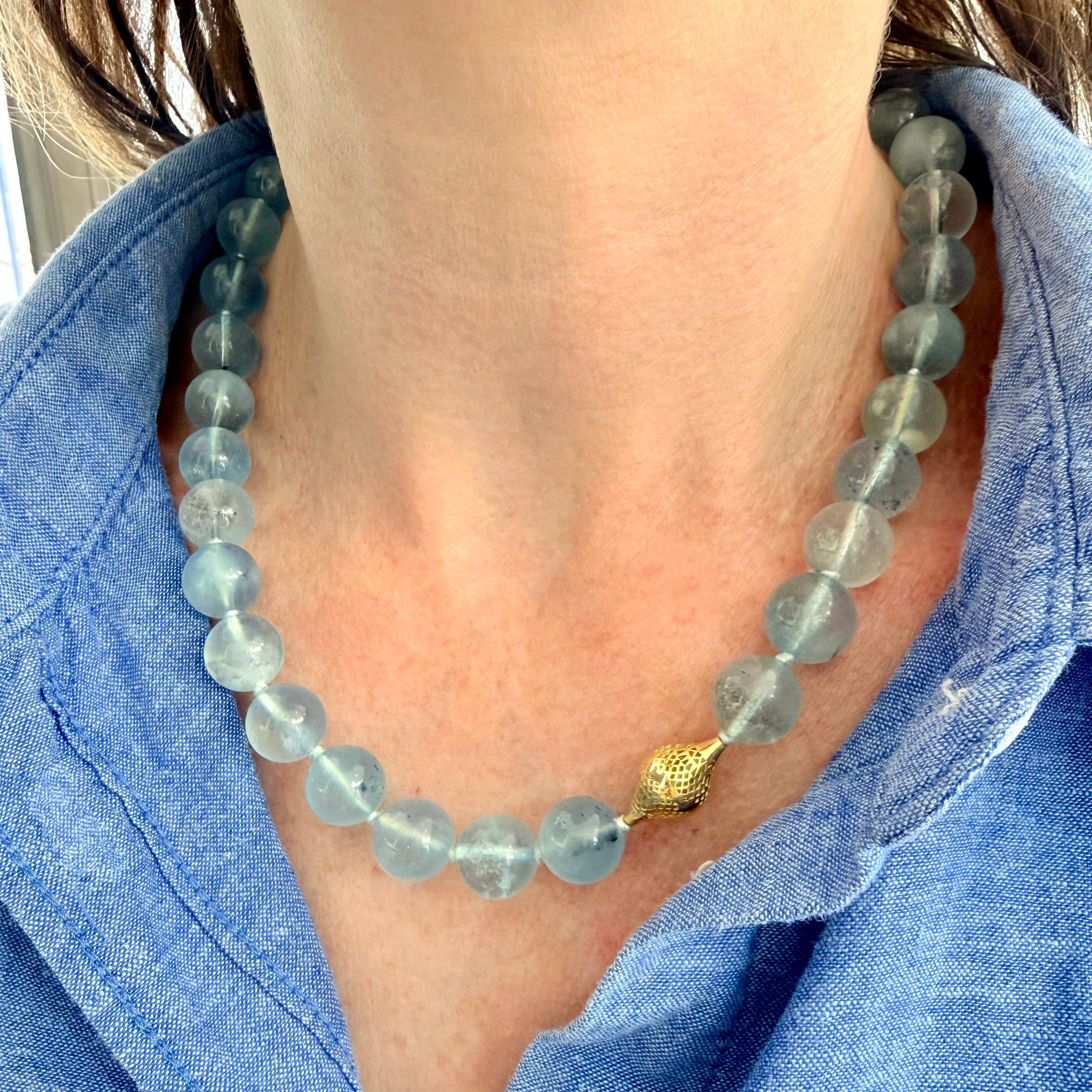 Aquamarine Beaded Necklace 18K Gold Crownwork® Finial