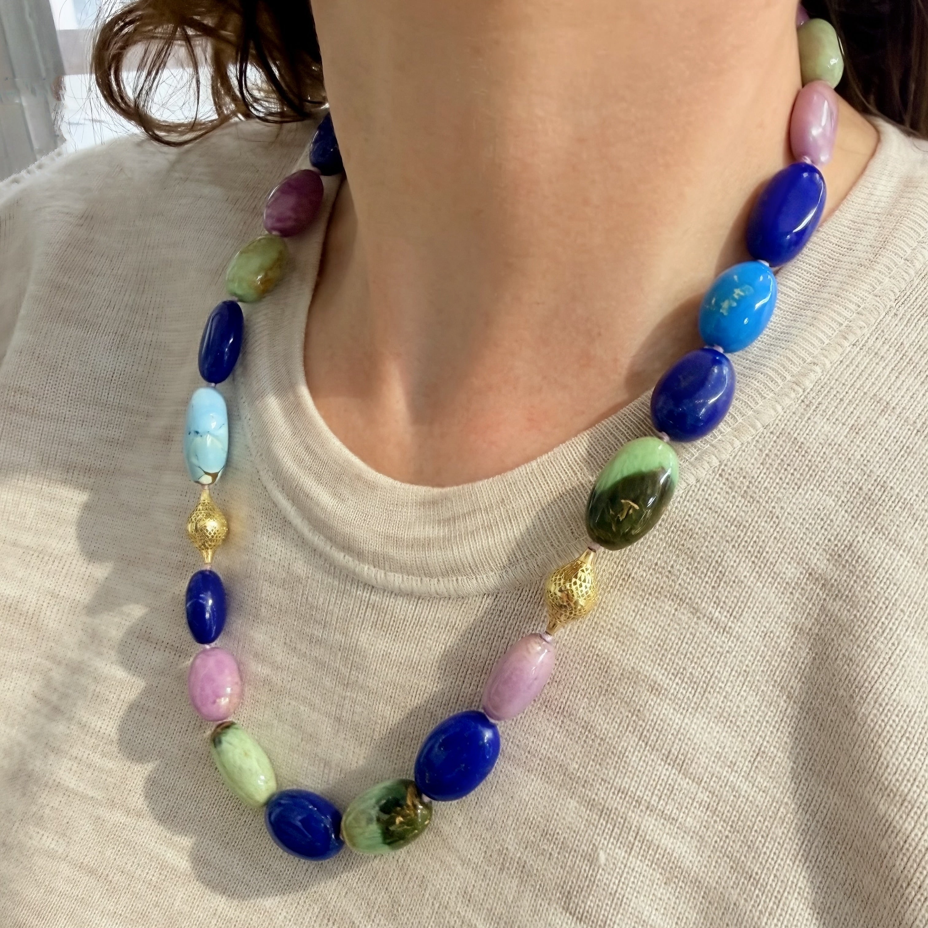 18K Yellow Gold Crownwork® Beaded Necklace with Lapis, Turquoise, and Sugilite