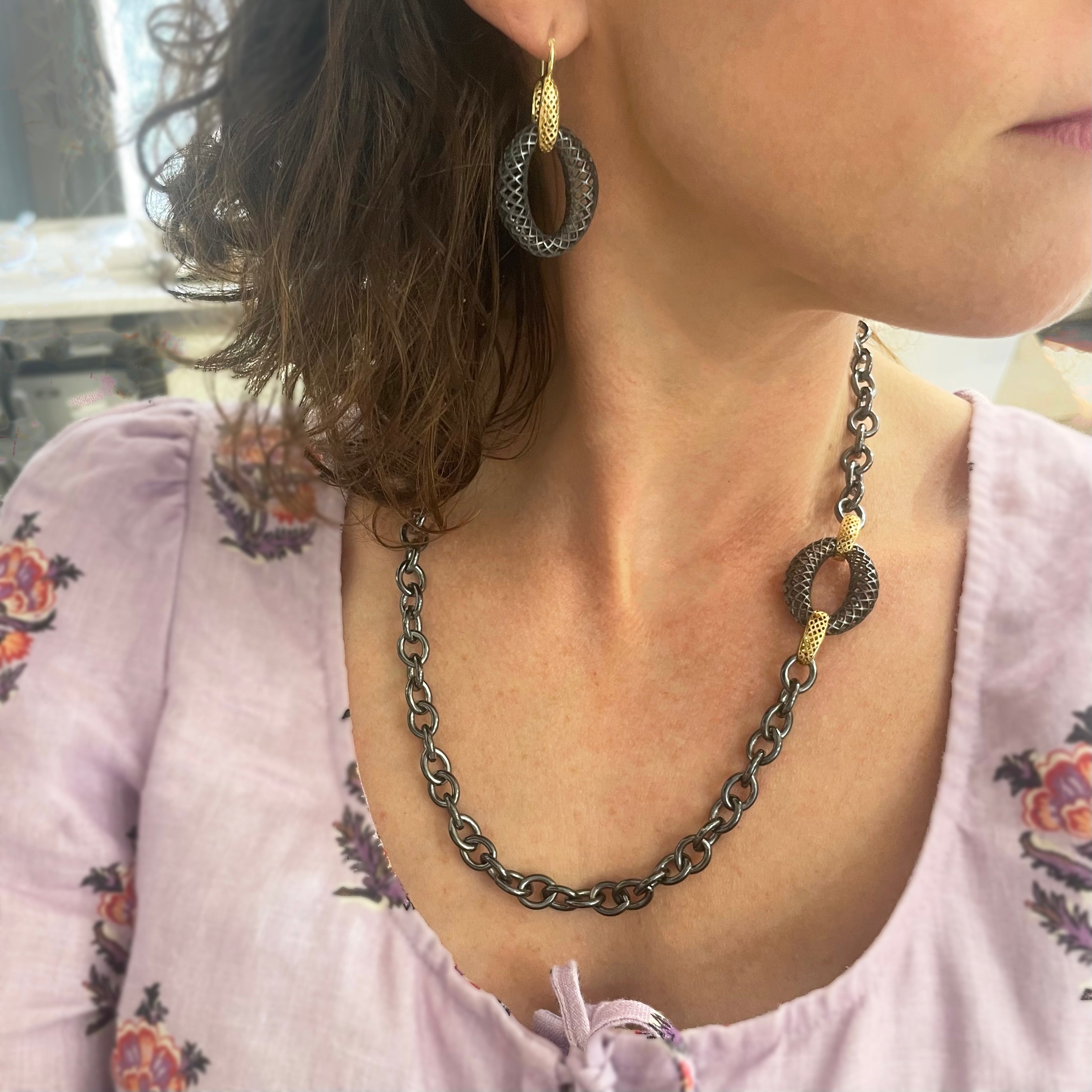 Chubby Oxidized Silver Crownwork® Link Drop Earrings