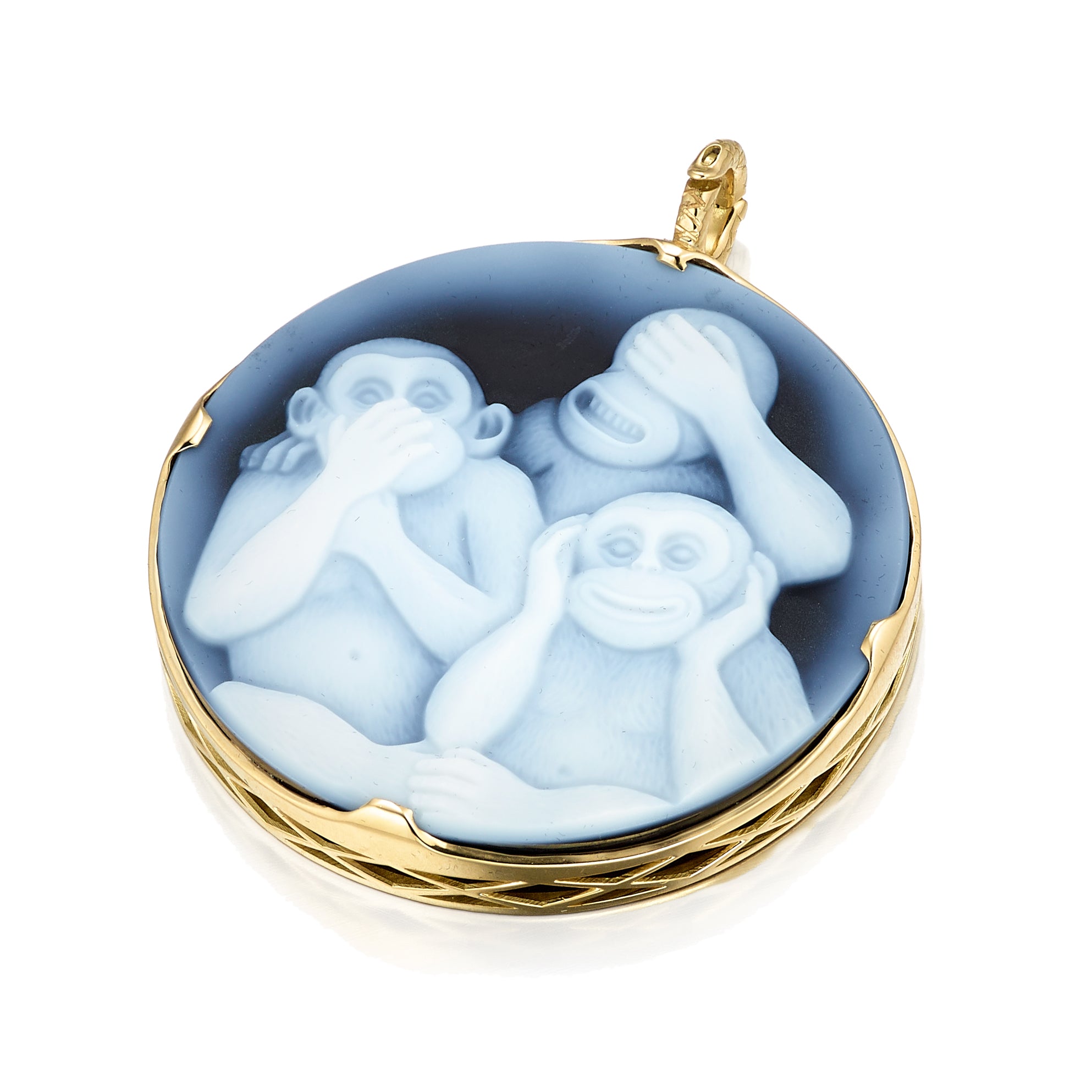 18K Yellow Gold Crownwork® Framed Sardonyx Three Wise Monkeys Pendant