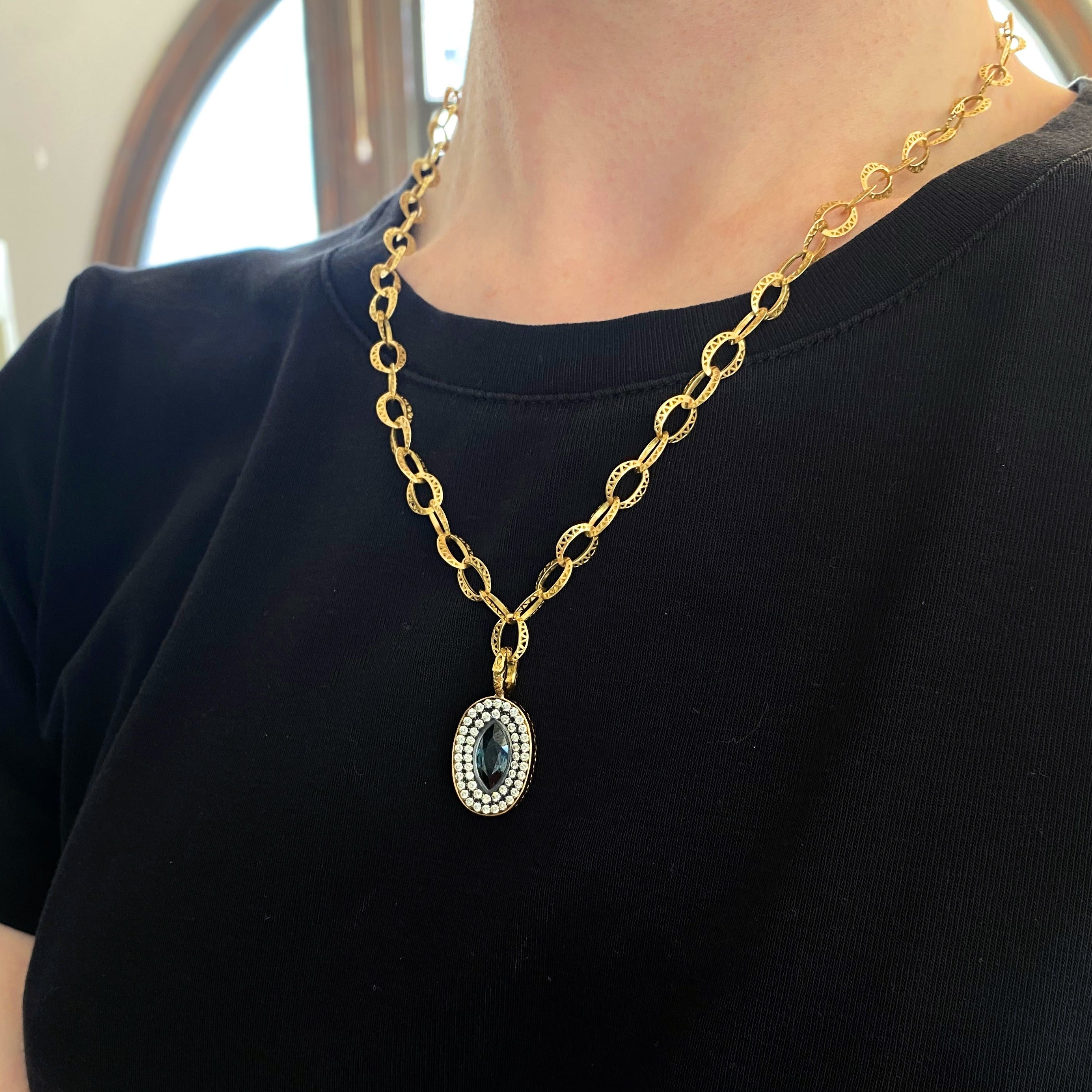 Blue-Green Sapphire and Diamond Pendant