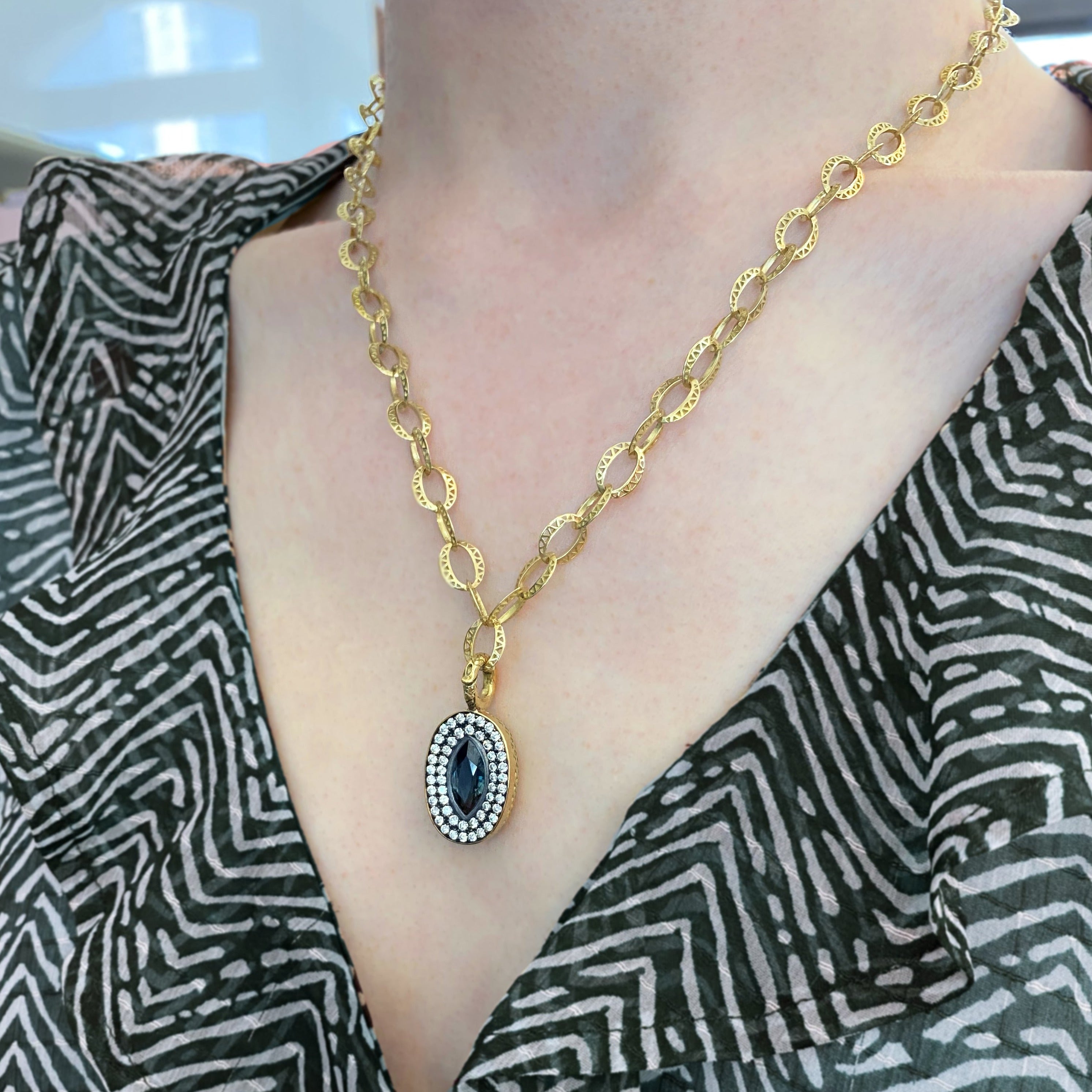 Blue-Green Sapphire and Diamond Pendant