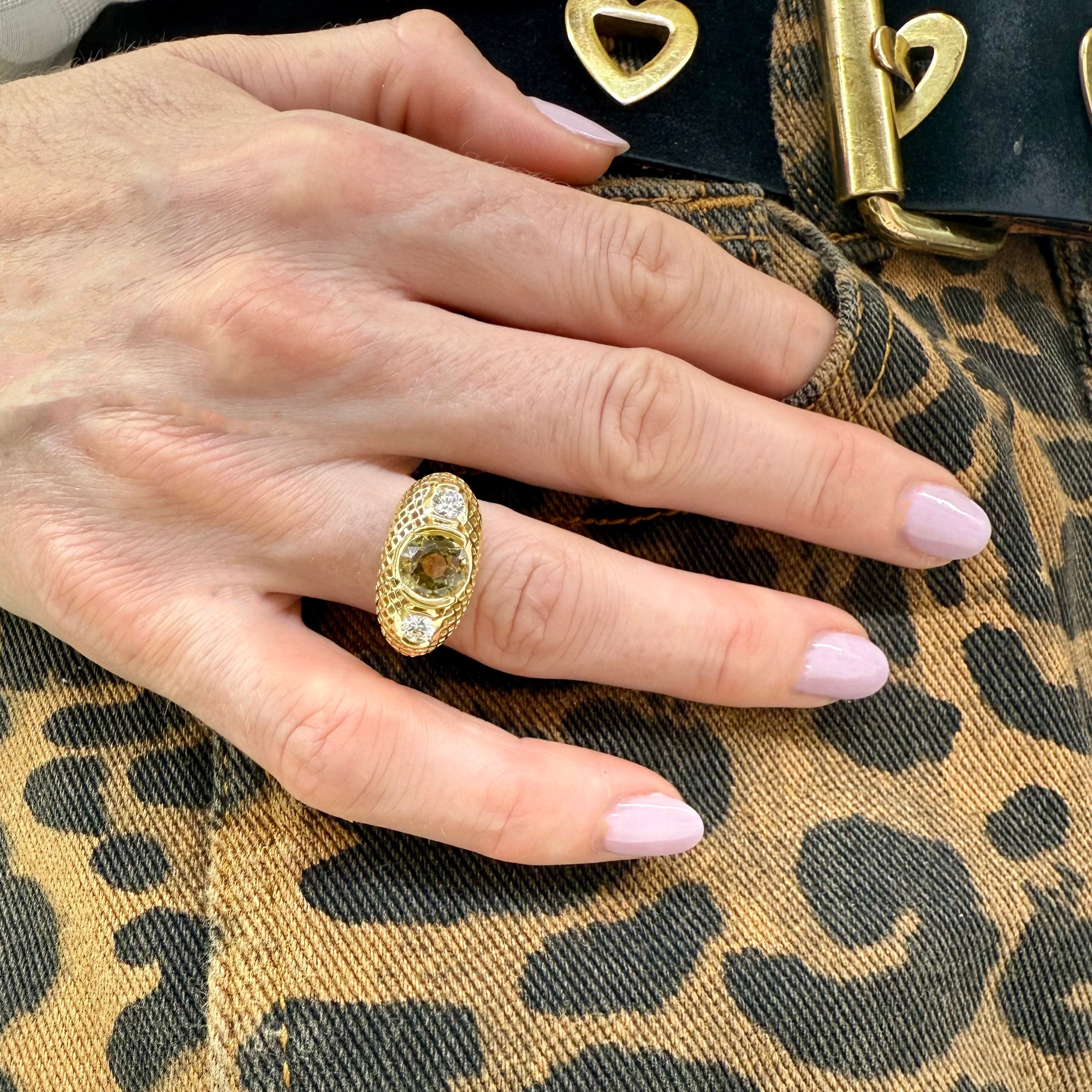 Green zircon & diamond dome top ring