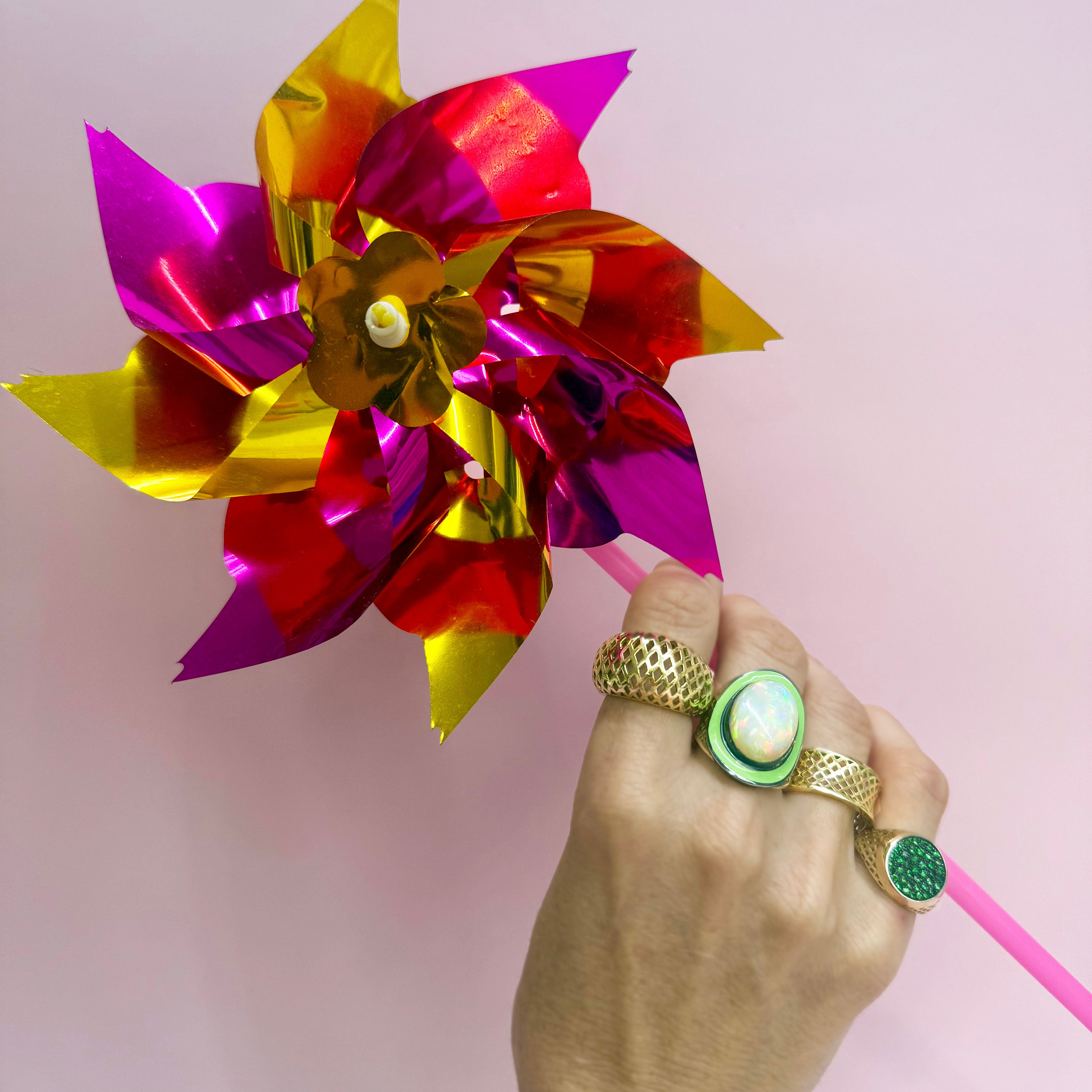 Green Enamel and Opal Regency Ring