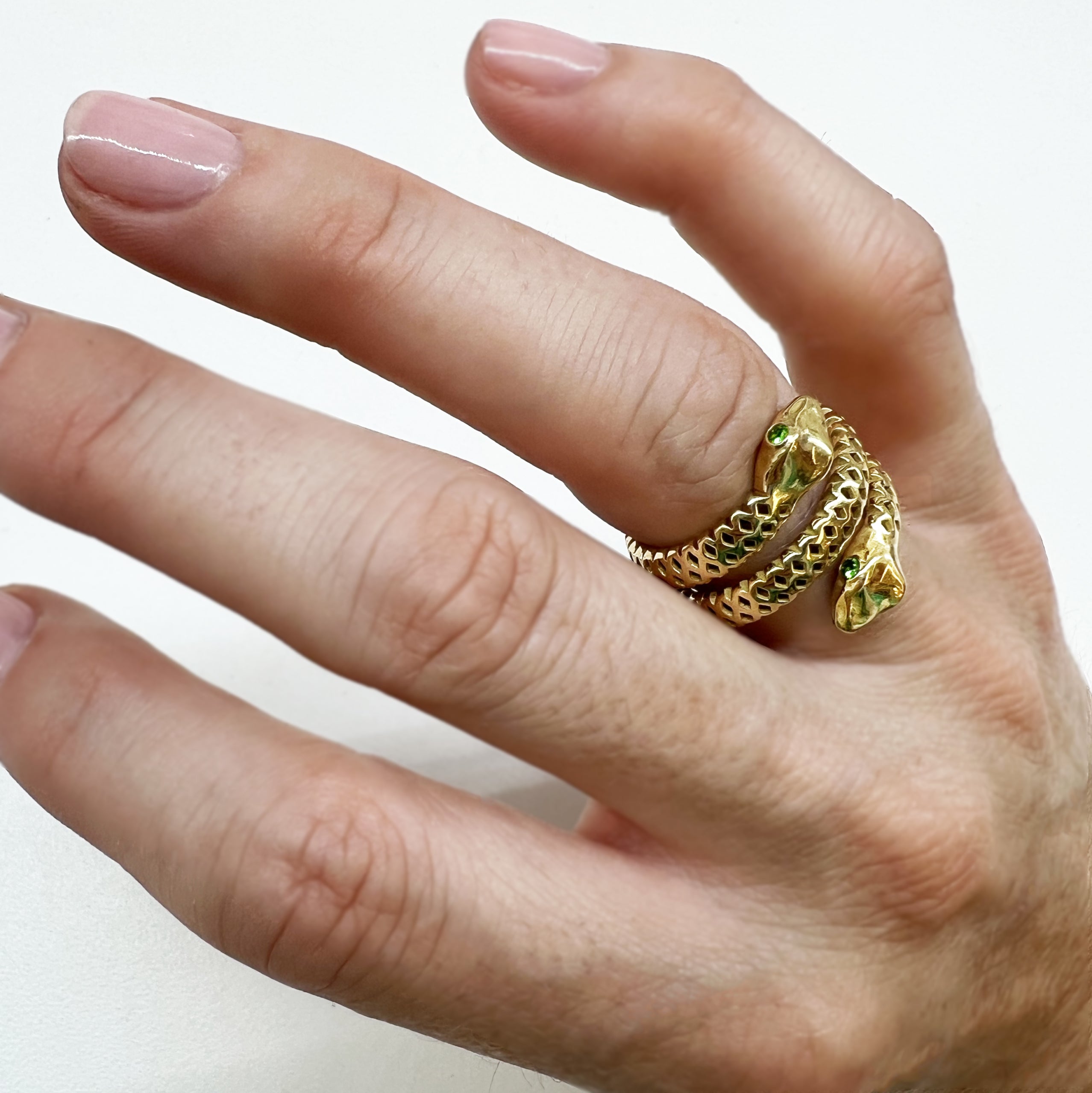 Double Headed Tsavorite Snake Ring