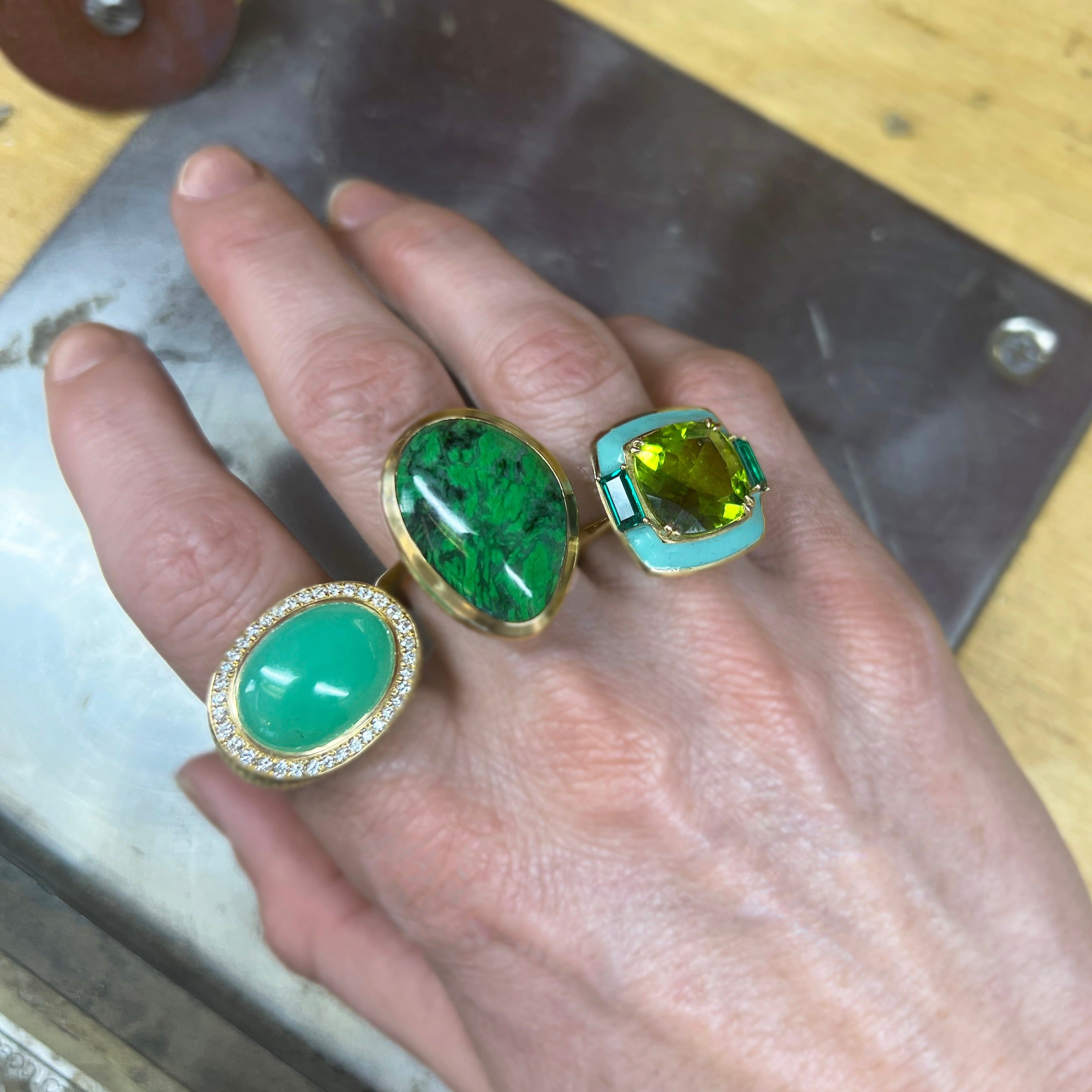 Peridot and Emerald Enamel Ring