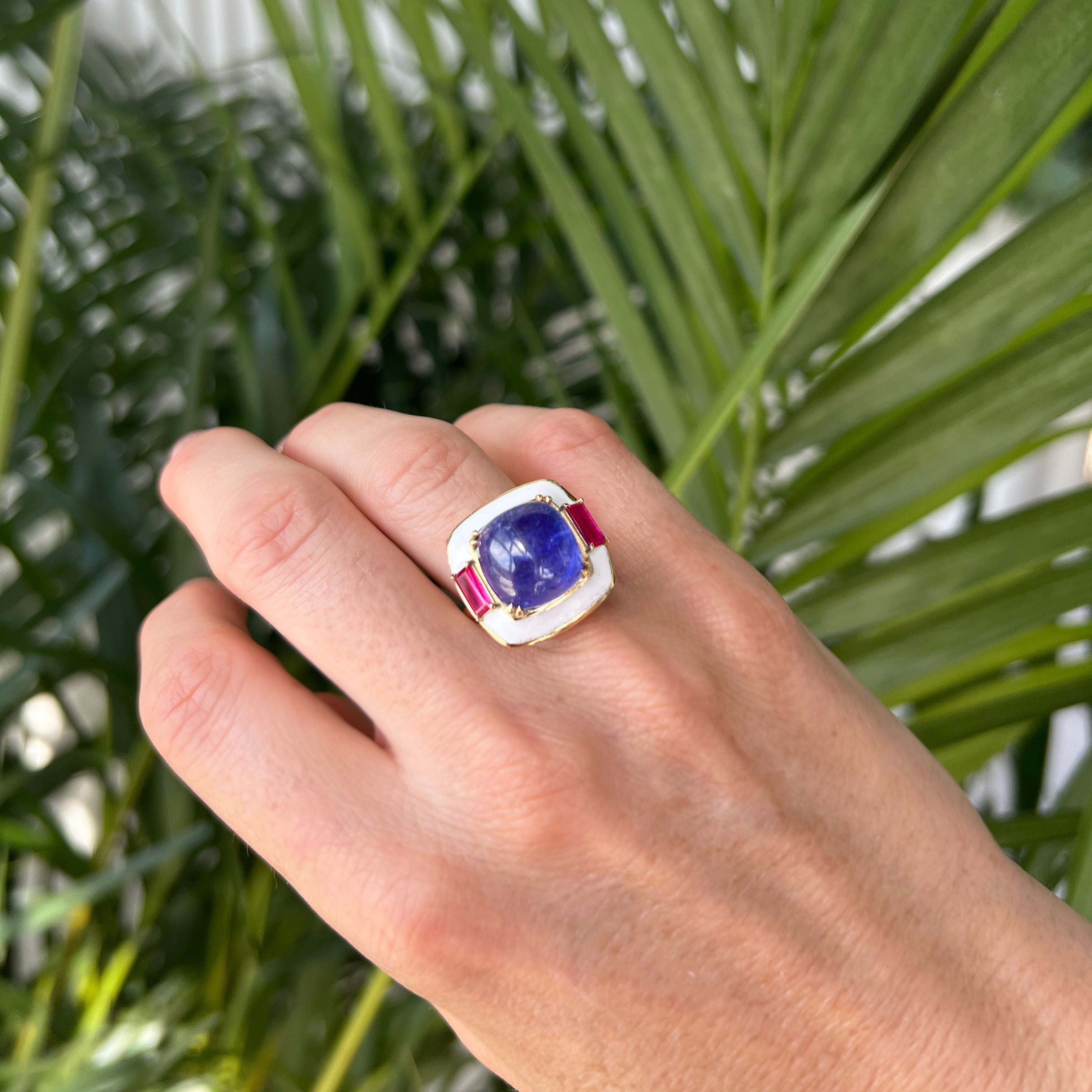 18K Yellow Gold Enamel Ring with Tanzanite and Ruby Baguettes